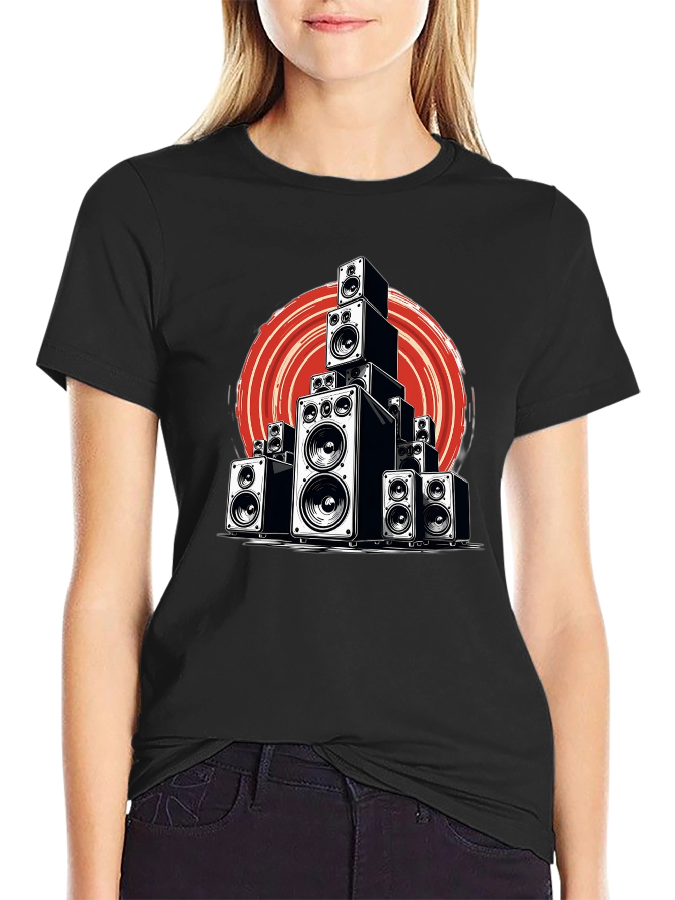 Black Speaker Stack Graphic Tee - Music Lover T-Shirt view 2
