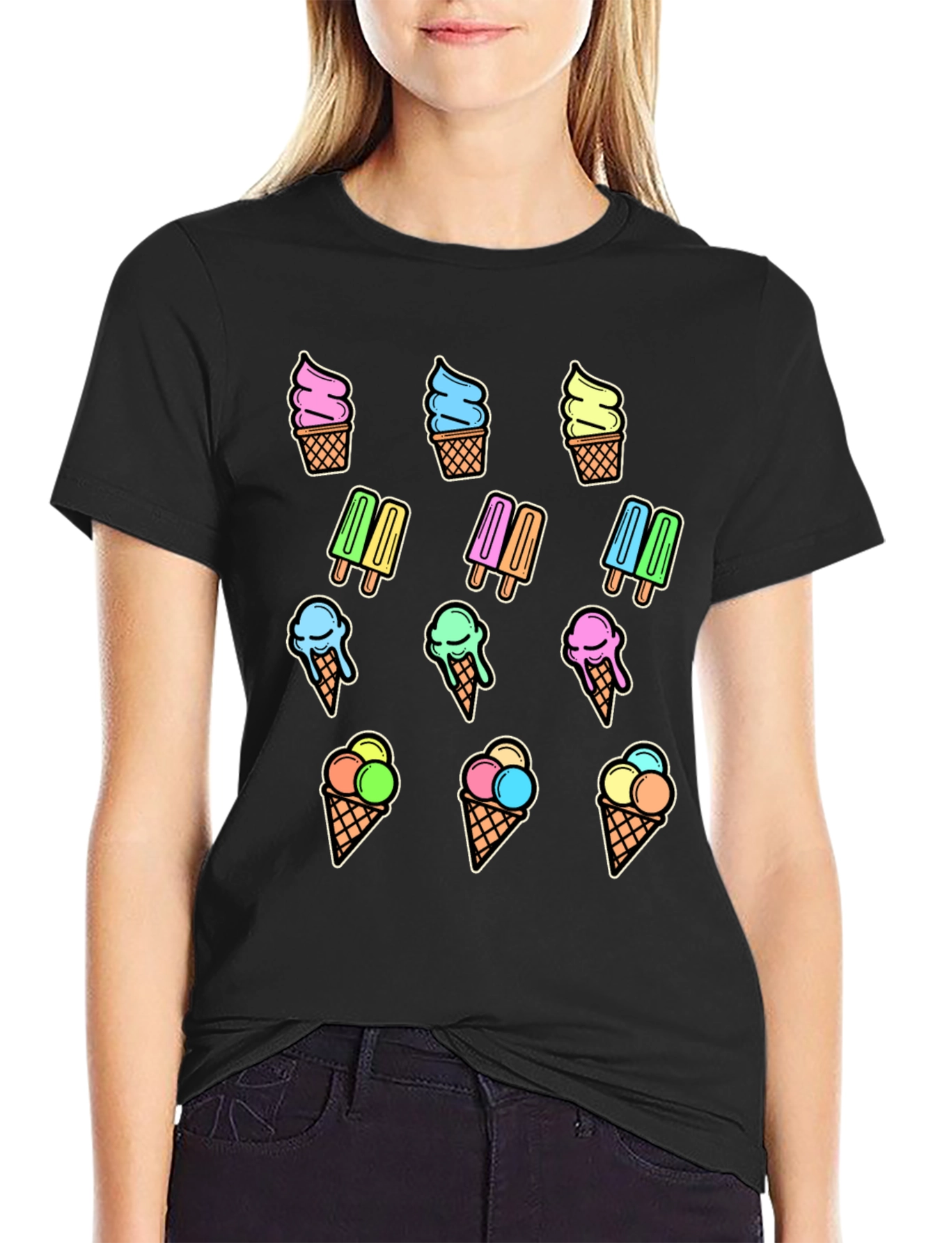 Black Fun Ice Cream Print T-Shirt - Summer Style view 2