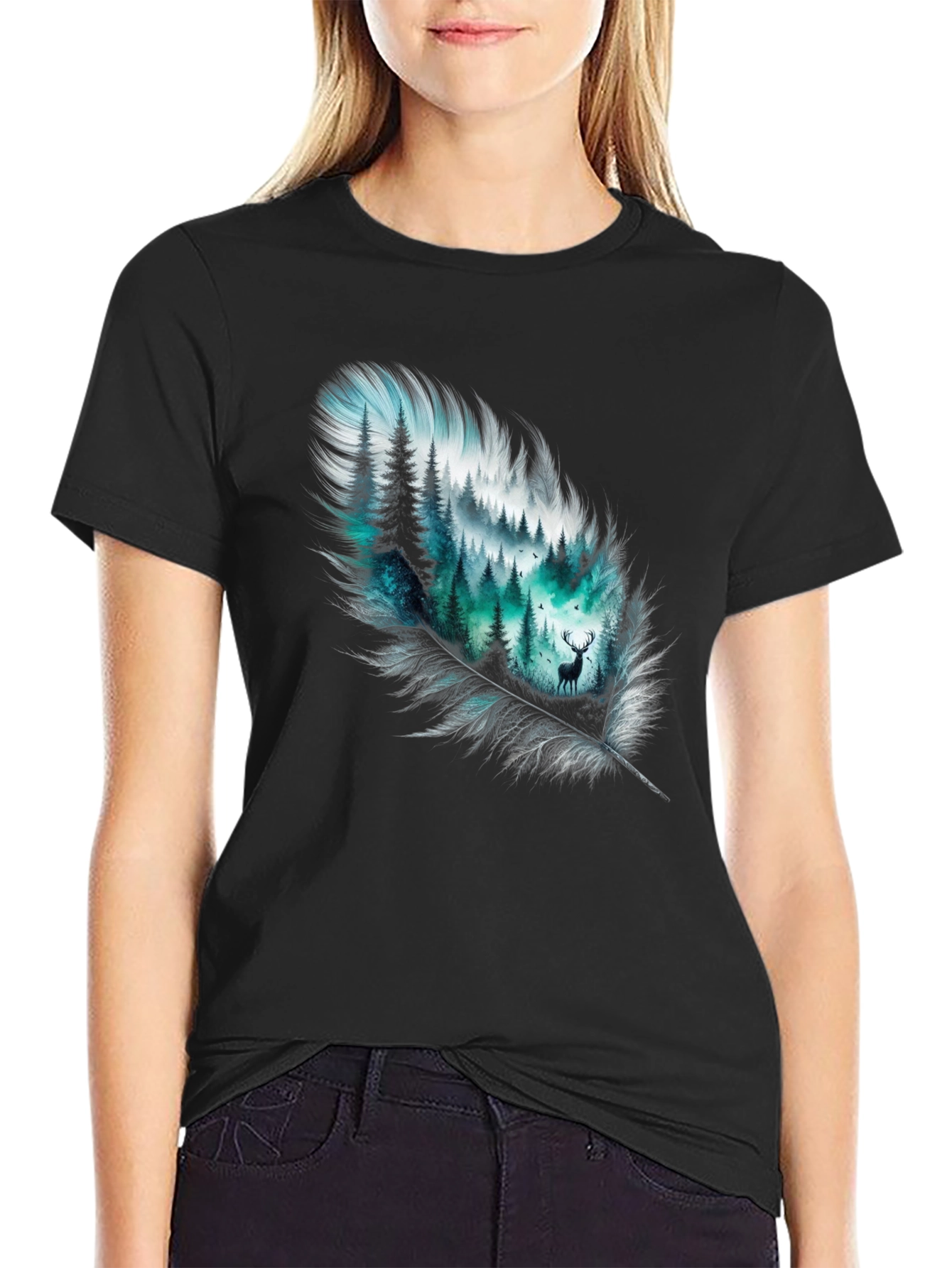 Black Feather Forest Graphic Tee - Nature Inspired Design view 2