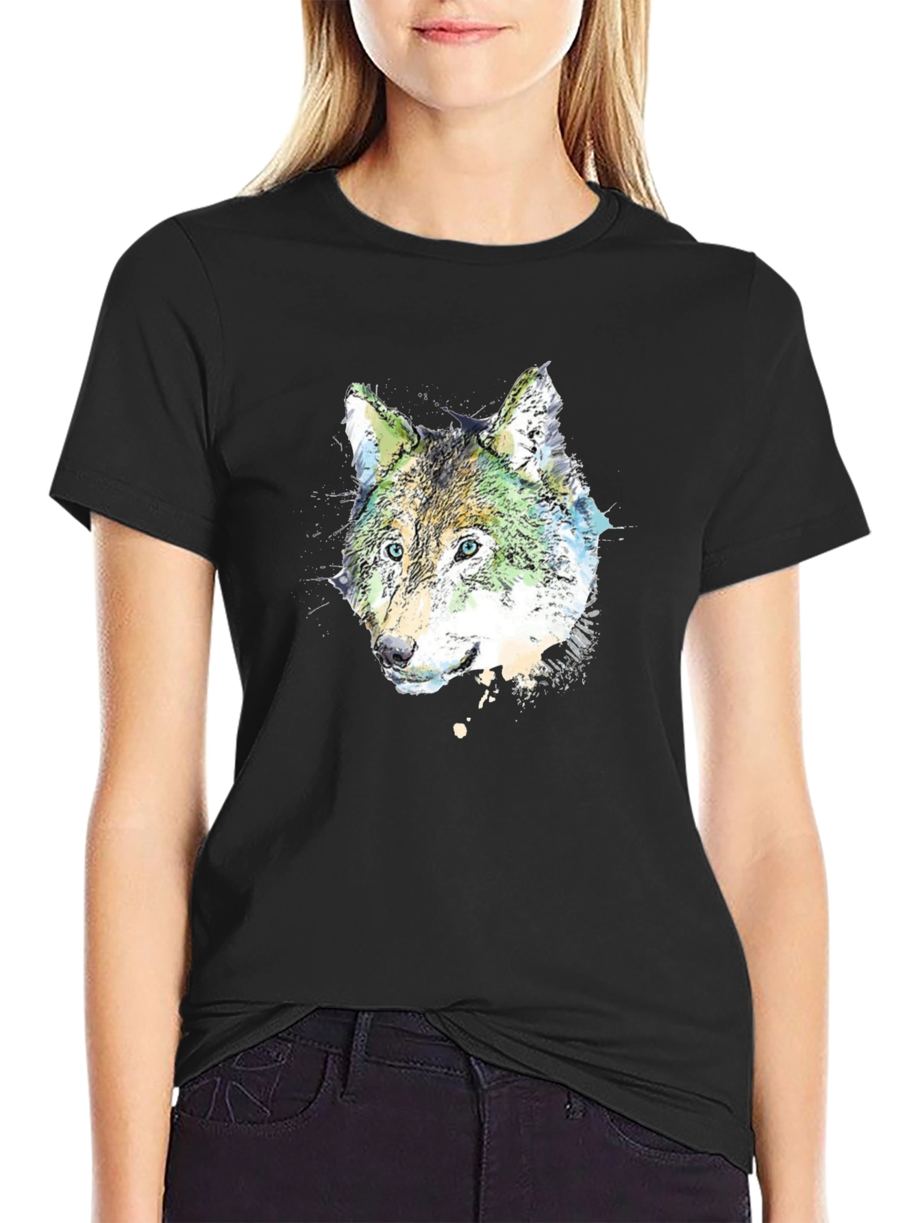 Black Wolf Graphic Print Black T-Shirt view 2