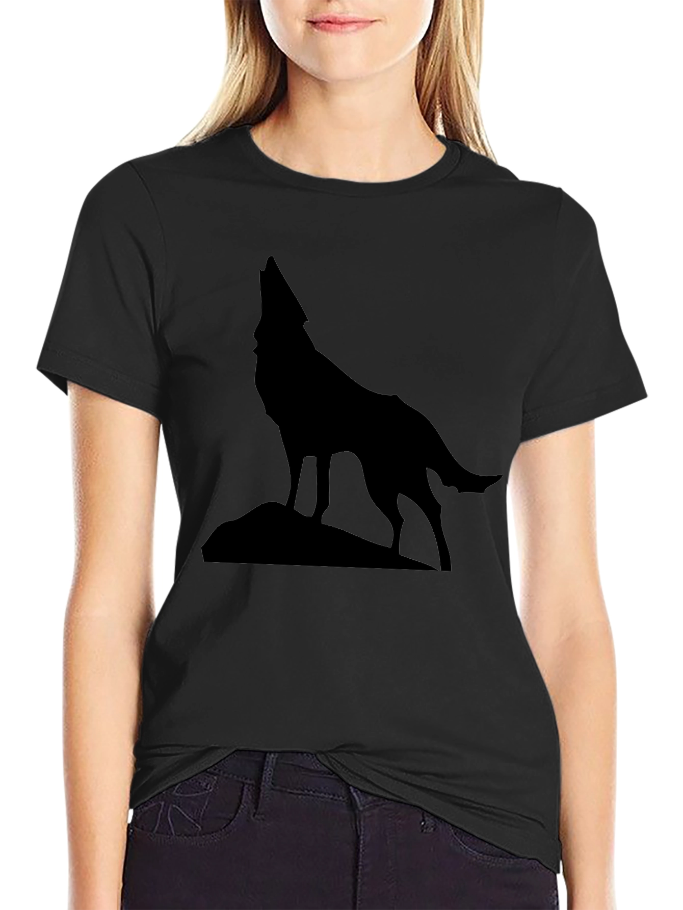 Wolf Howling Silhouette Graphic Tee - Black Cotton - 2