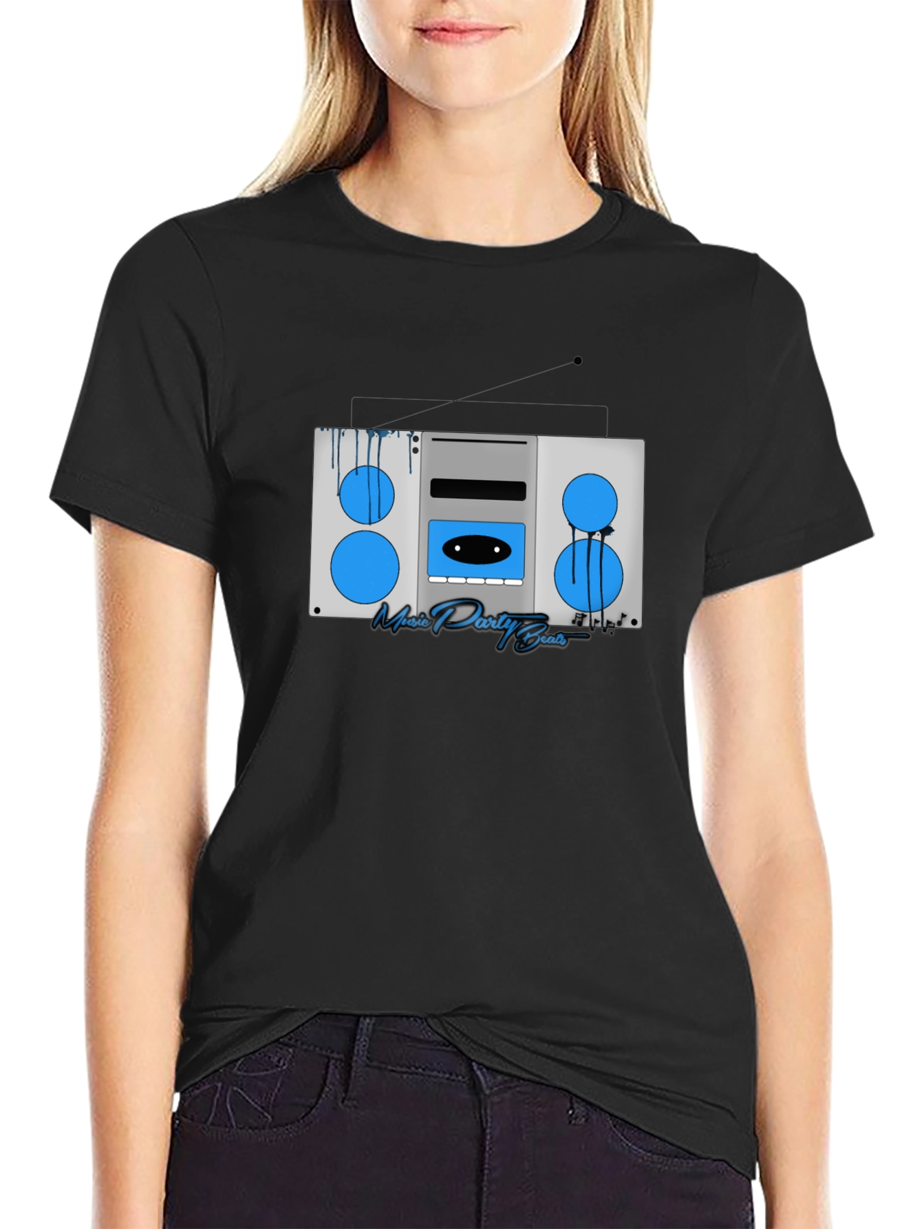 Black Retro Boombox Music T-Shirt view 2