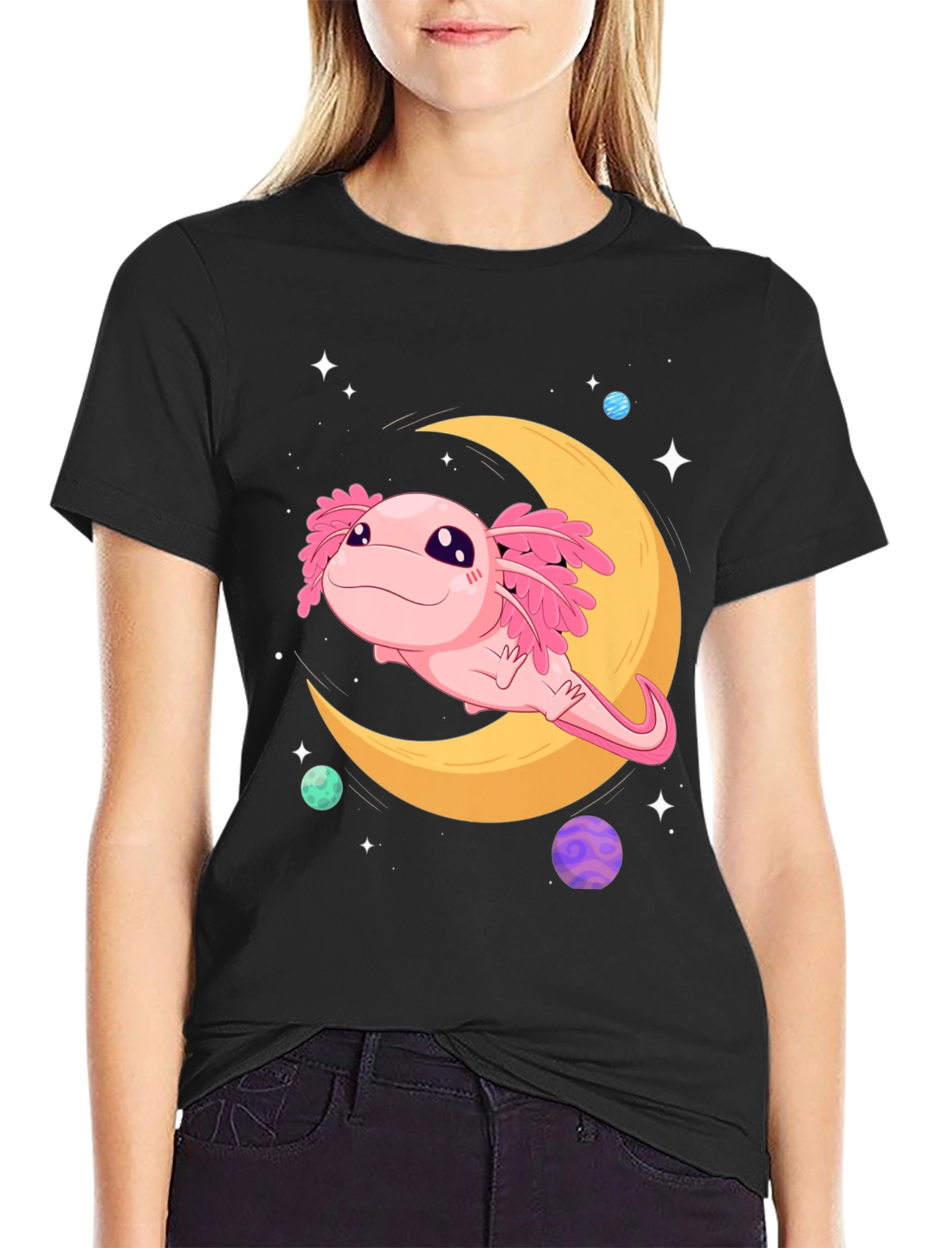 Black Axolotl Moon T-Shirt - Cute Space Design view 2