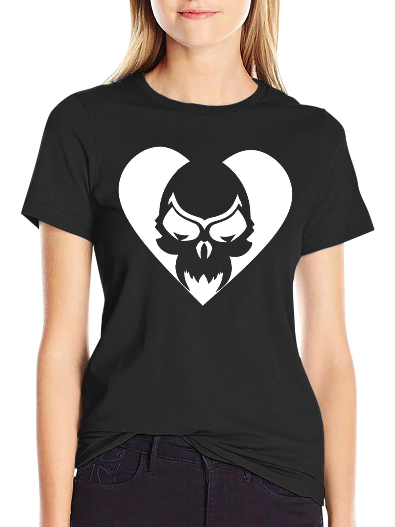 Black Skull Heart Graphic Tee - Black Cotton T-Shirt view 2