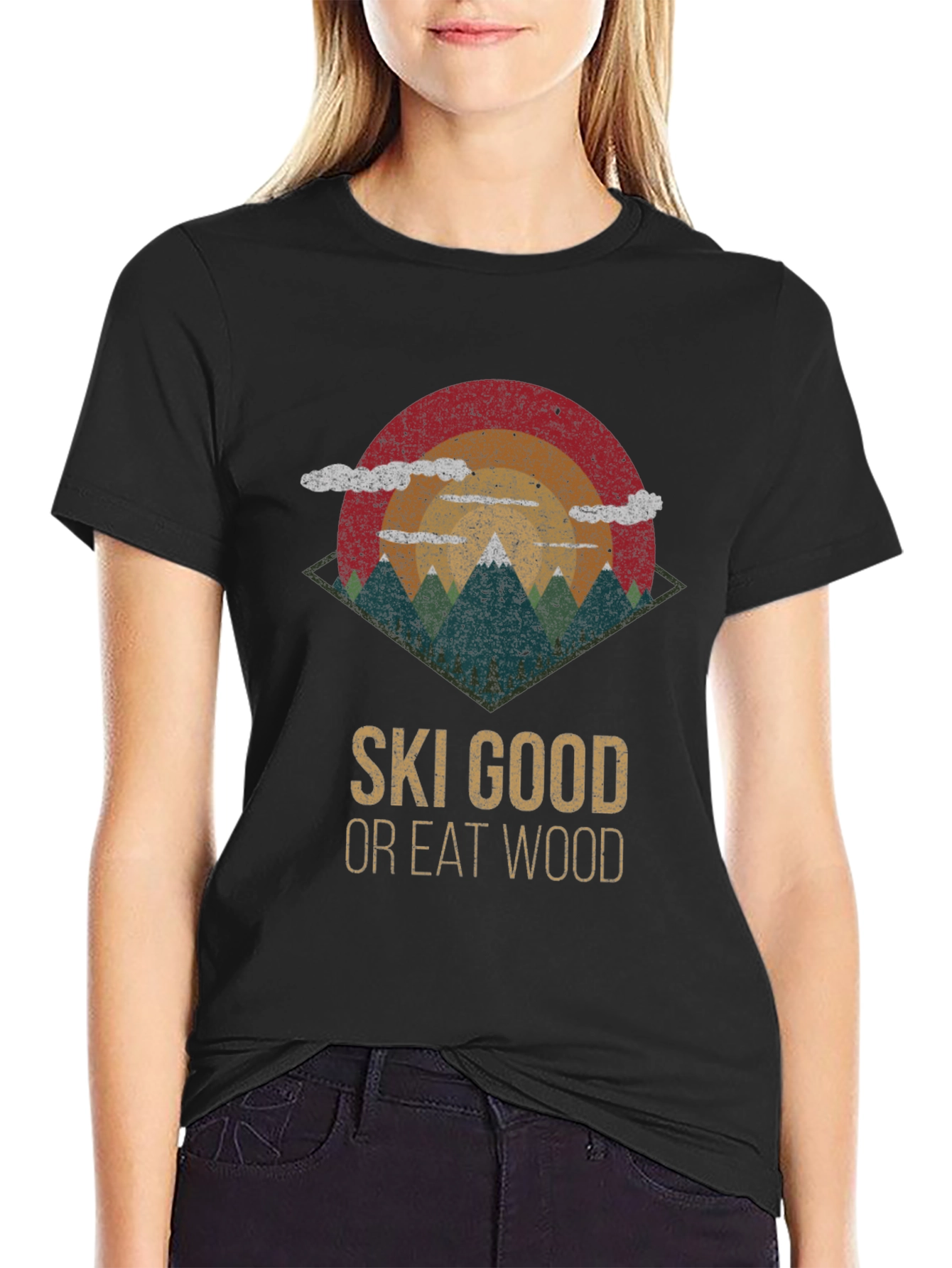 Black Ski Good Or Eat Wood Retro Graphic Tee view 2