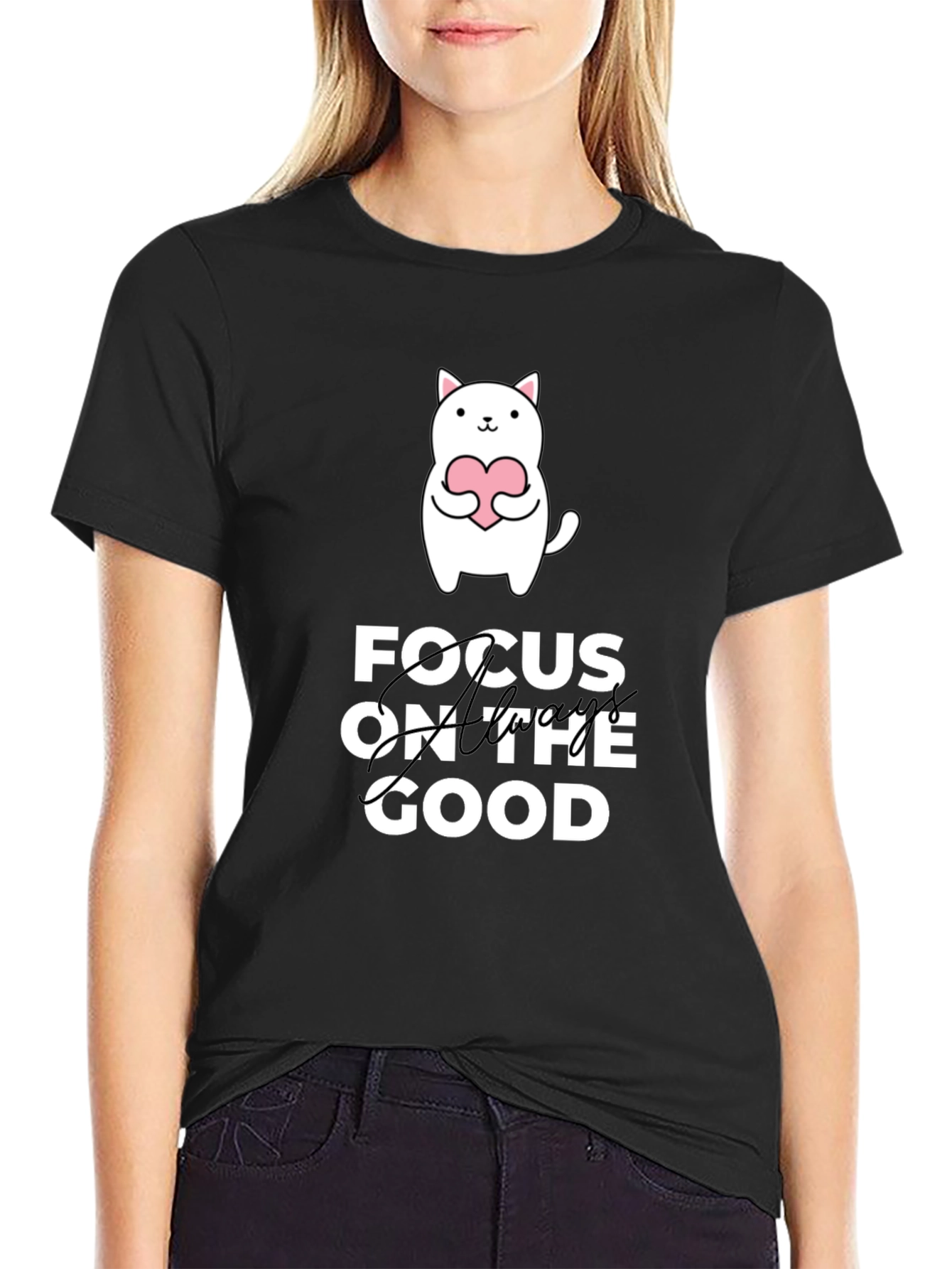 Black Focus on the Good T-Shirt - Cute Cat Design view 2