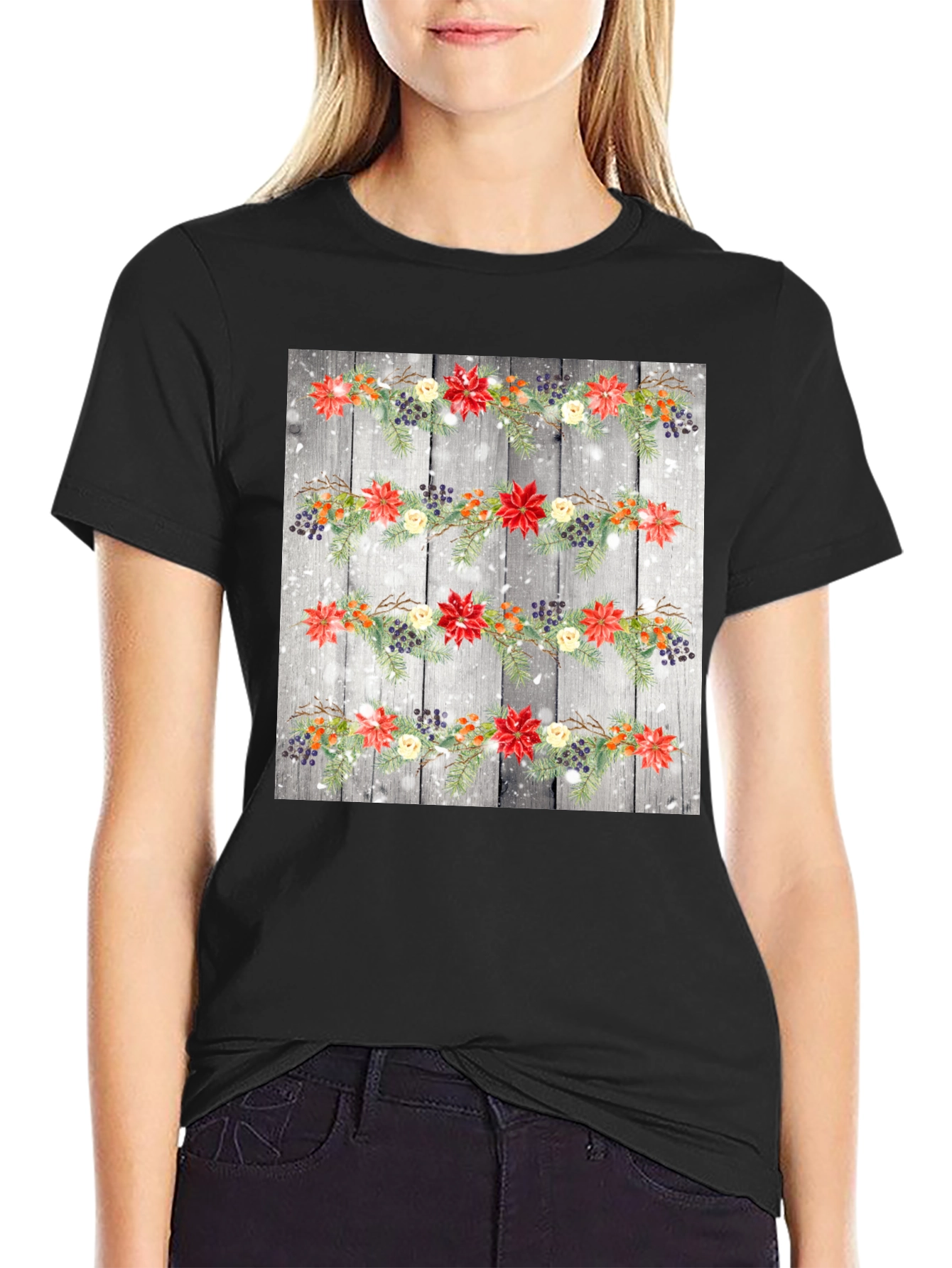 Black Festive Floral Garland T-Shirt view 2
