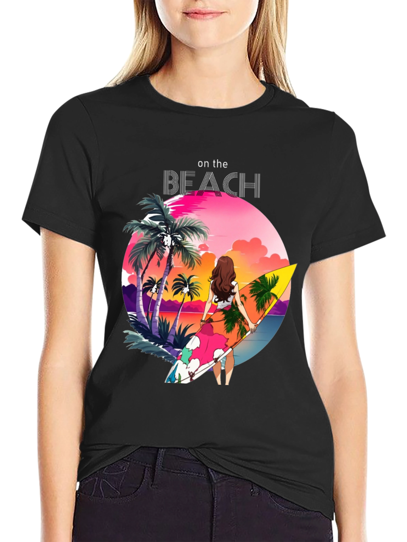 Tropical Beach Scene Graphic Tee - Black Cotton Comfort - 2