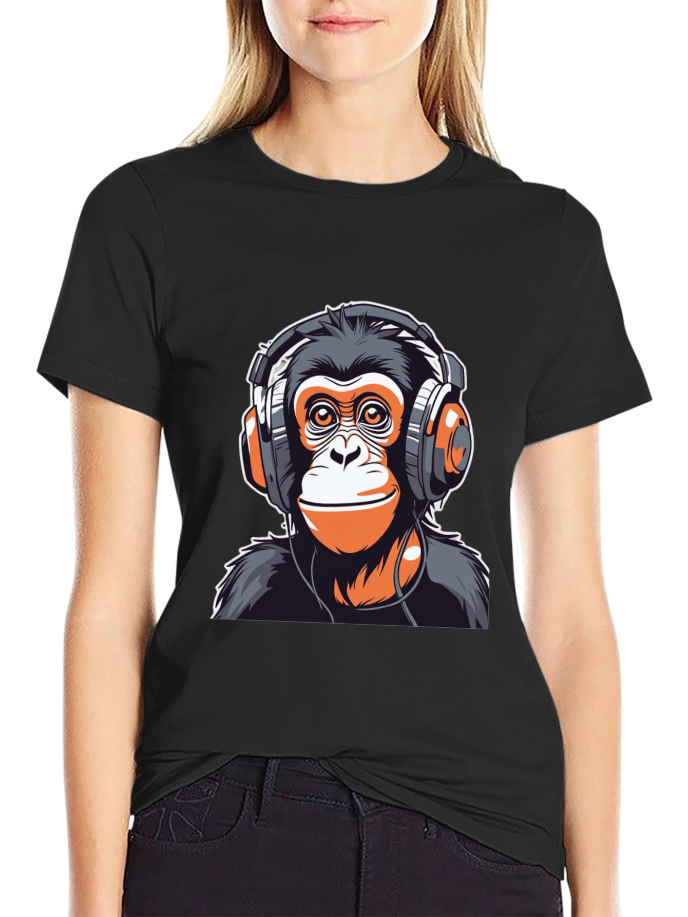 Black Cool Monkey Headphones Graphic Tee view 2