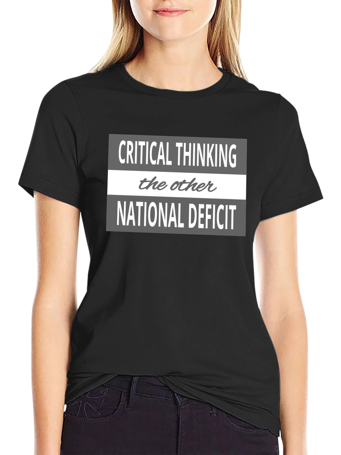 Black Critical Thinking Tee - The Other National Deficit T-Shirt view 2