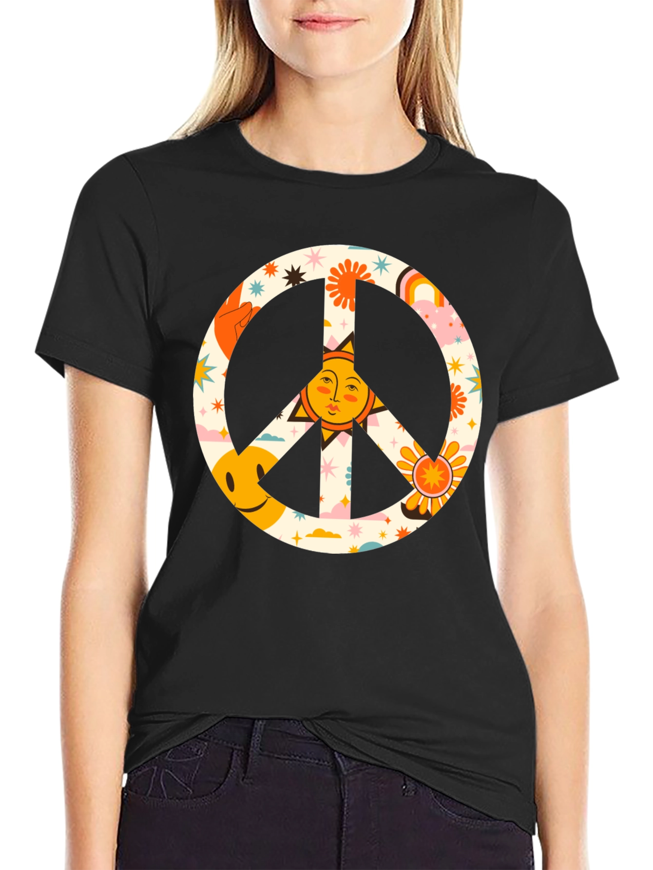 Black Groovy Peace Sign Graphic Tee - Retro Style view 2