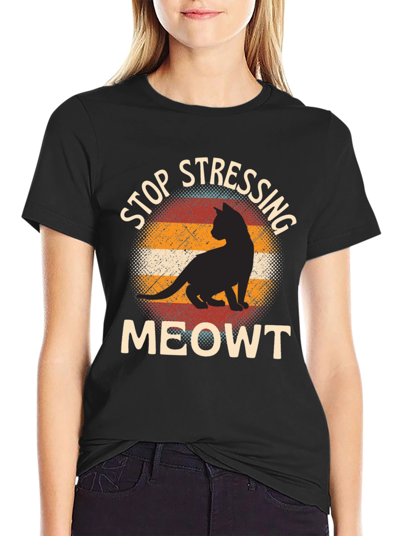 Black Stop Stressing Meowt Cat T-Shirt - Funny Cat Lover Tee view 2