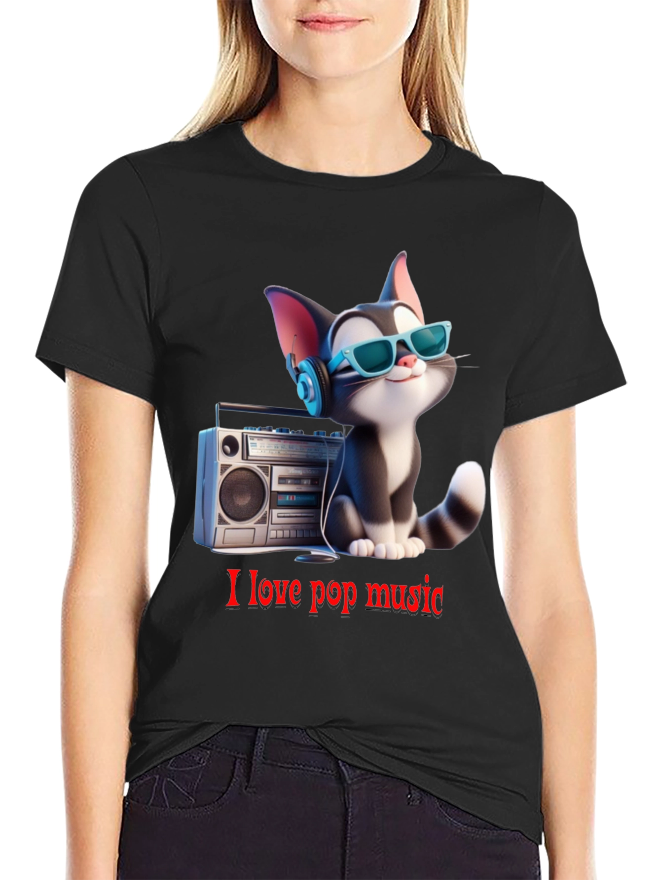 Black Cool Cat Loves Pop Music T-Shirt view 2