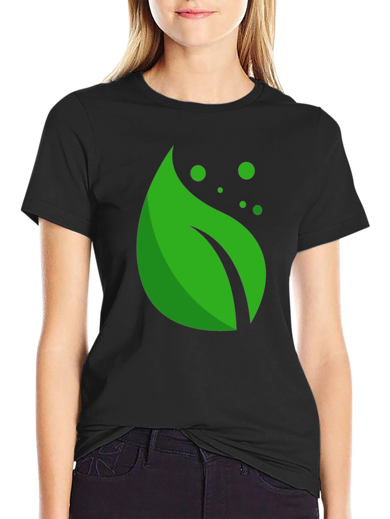 Black Green Leaf Graphic Black T-Shirt view 2