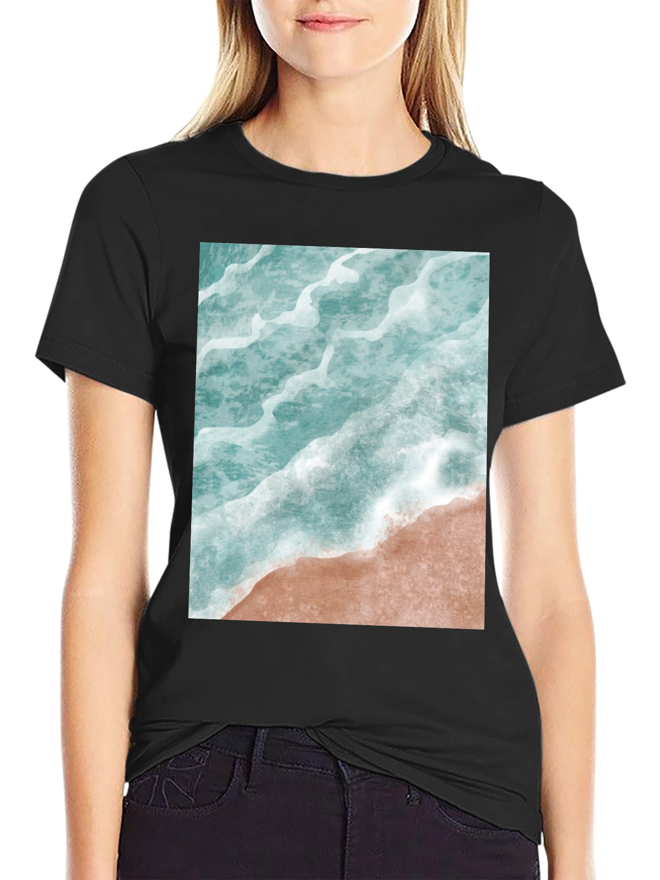 Black Ocean Wave Graphic Tee - Beach Style Black T-Shirt view 2