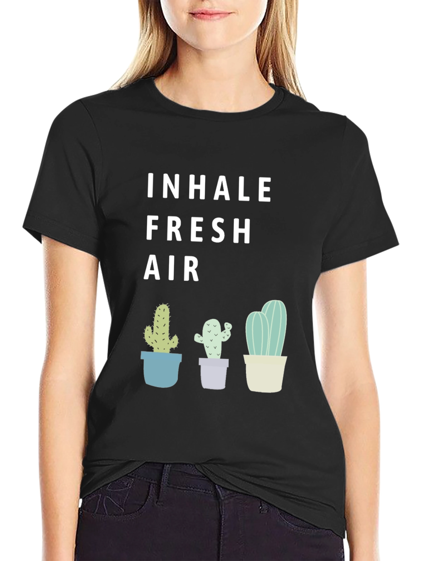 Black Inhale Fresh Air Cactus Graphic Tee - Unisex view 2