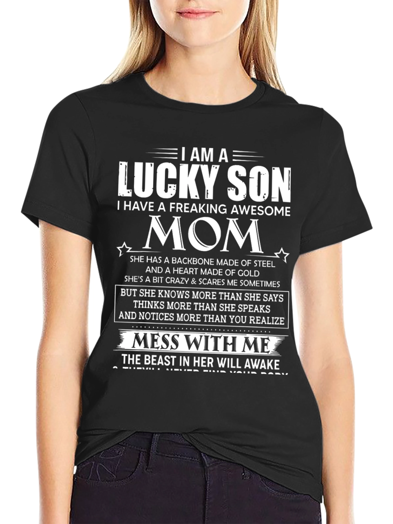 Black Lucky Son Awesome Mom Graphic T-Shirt view 2