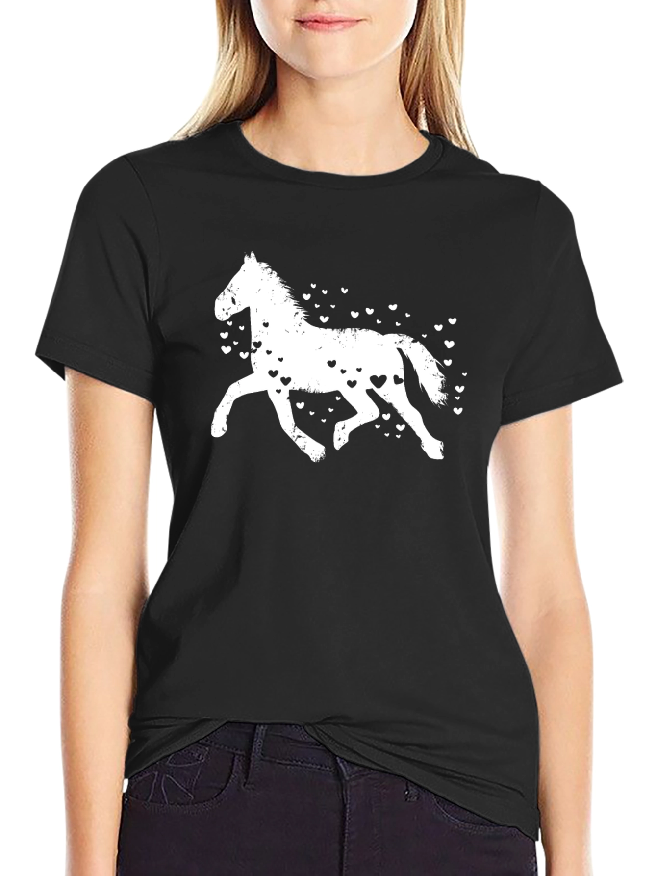 Black Horse & Hearts Graphic Tee - Black Casual T-Shirt view 2
