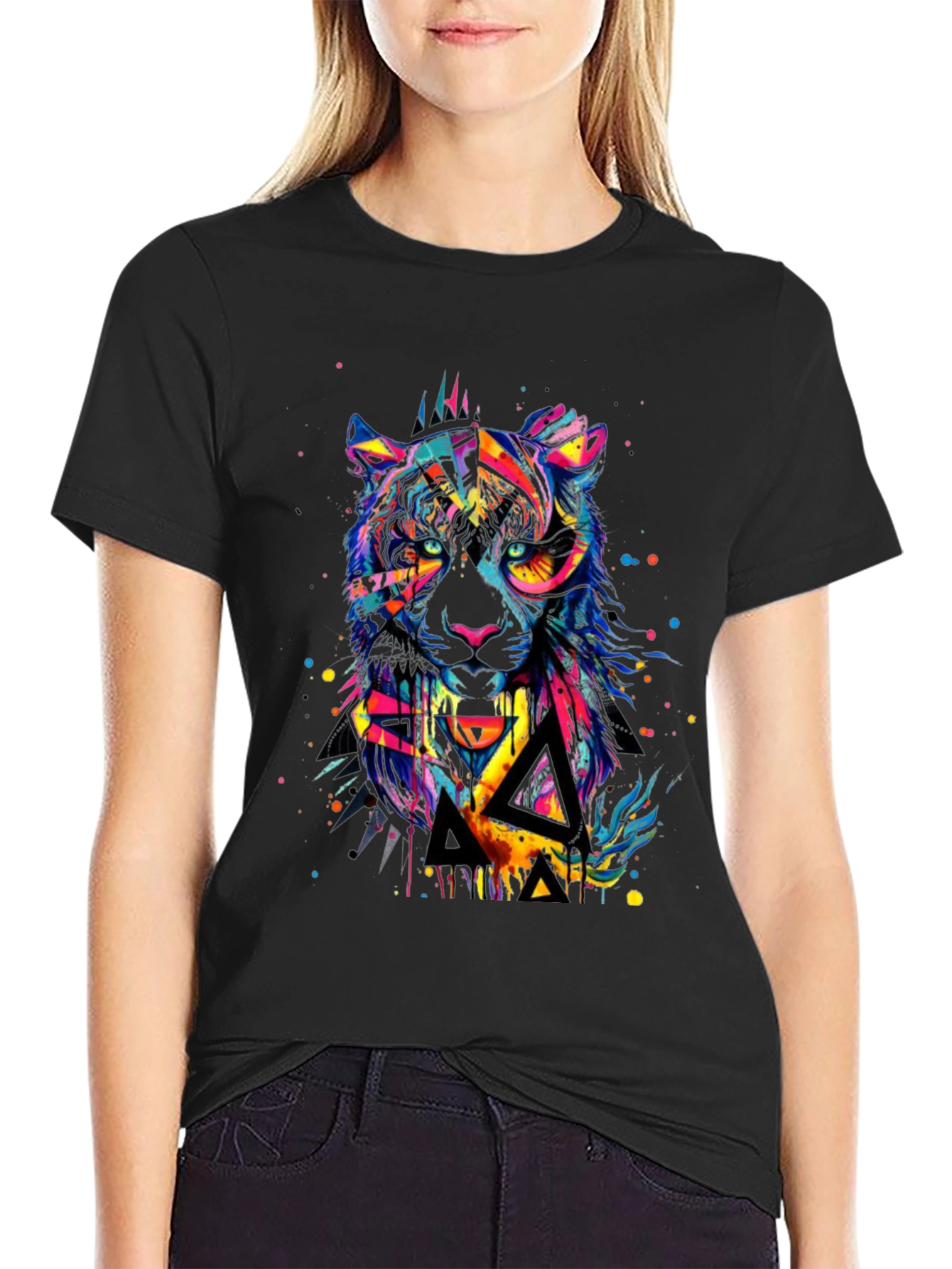 Black Colorful Geometric Tiger Graphic T-Shirt view 2