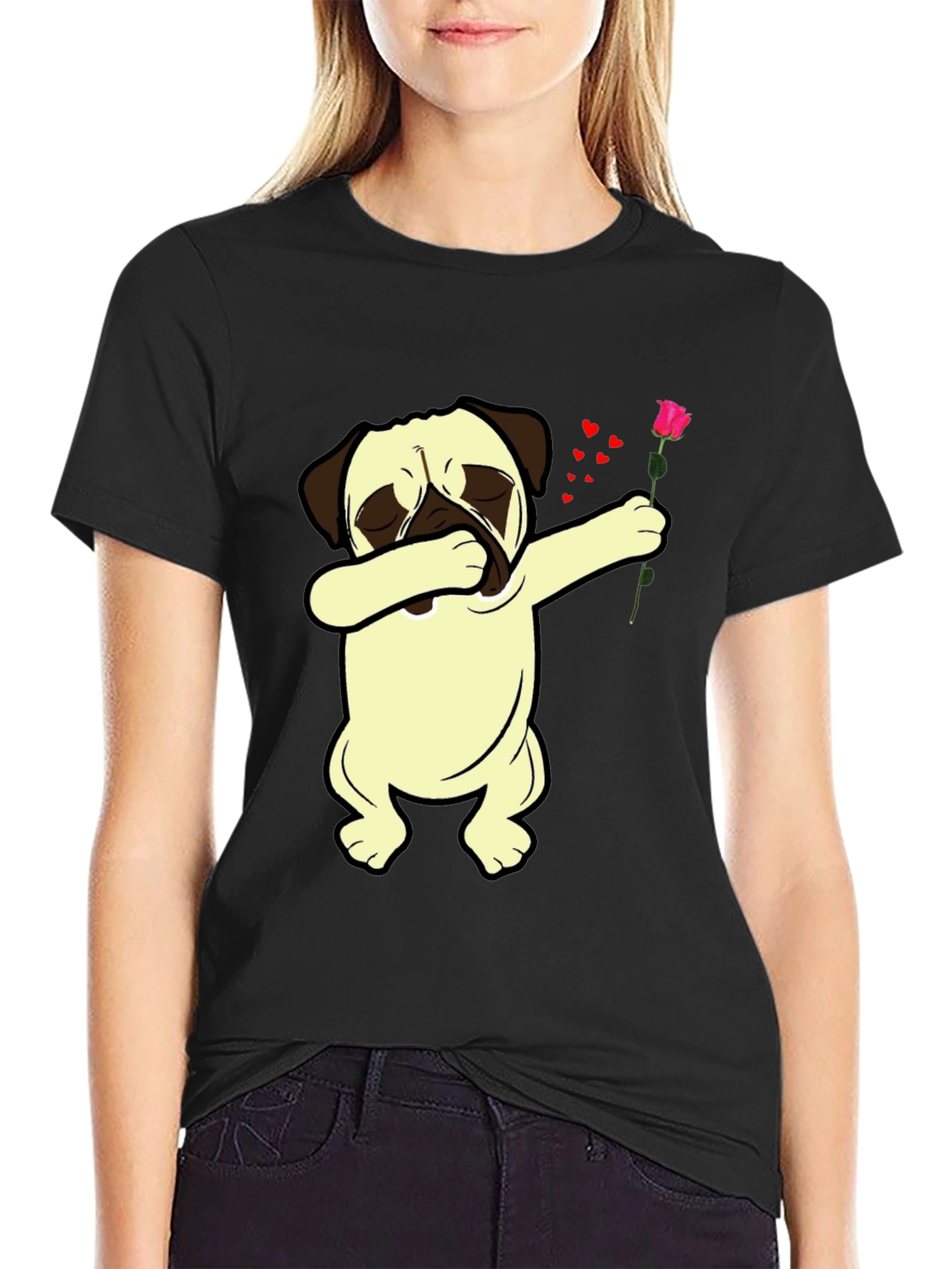 Black Dabbing Pug T-Shirt with Rose view 2