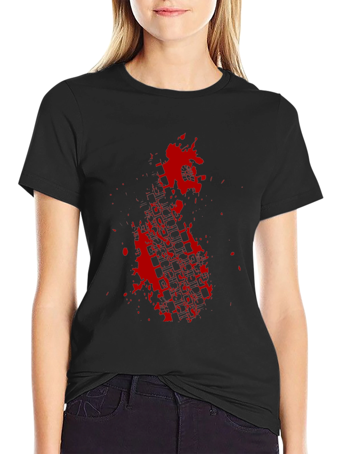 Black Black Tee with Red Tire Track Splatter Graphic view 2