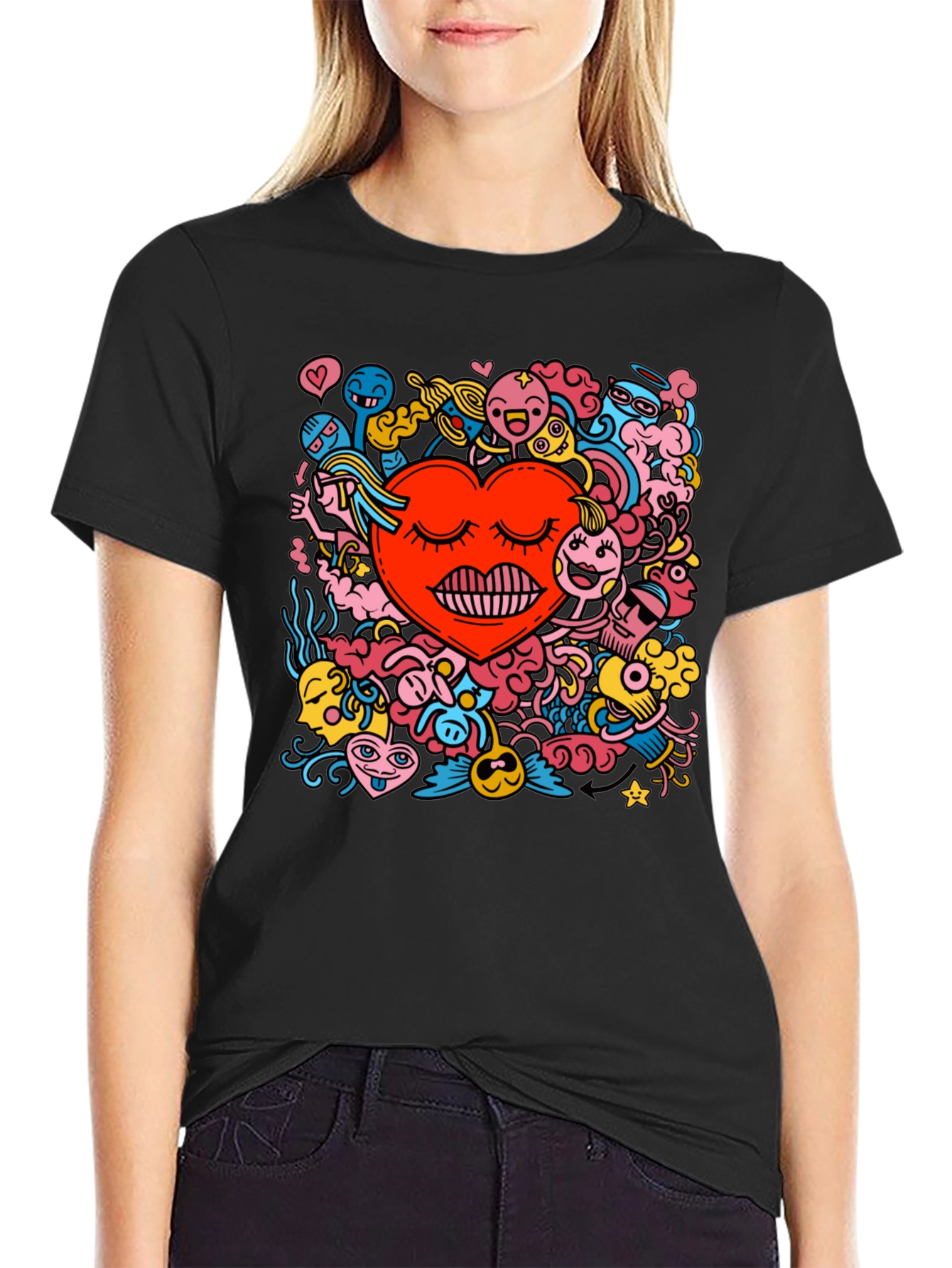Black Heart Doodle Graphic Tee - Black Cotton Casual T-Shirt view 2