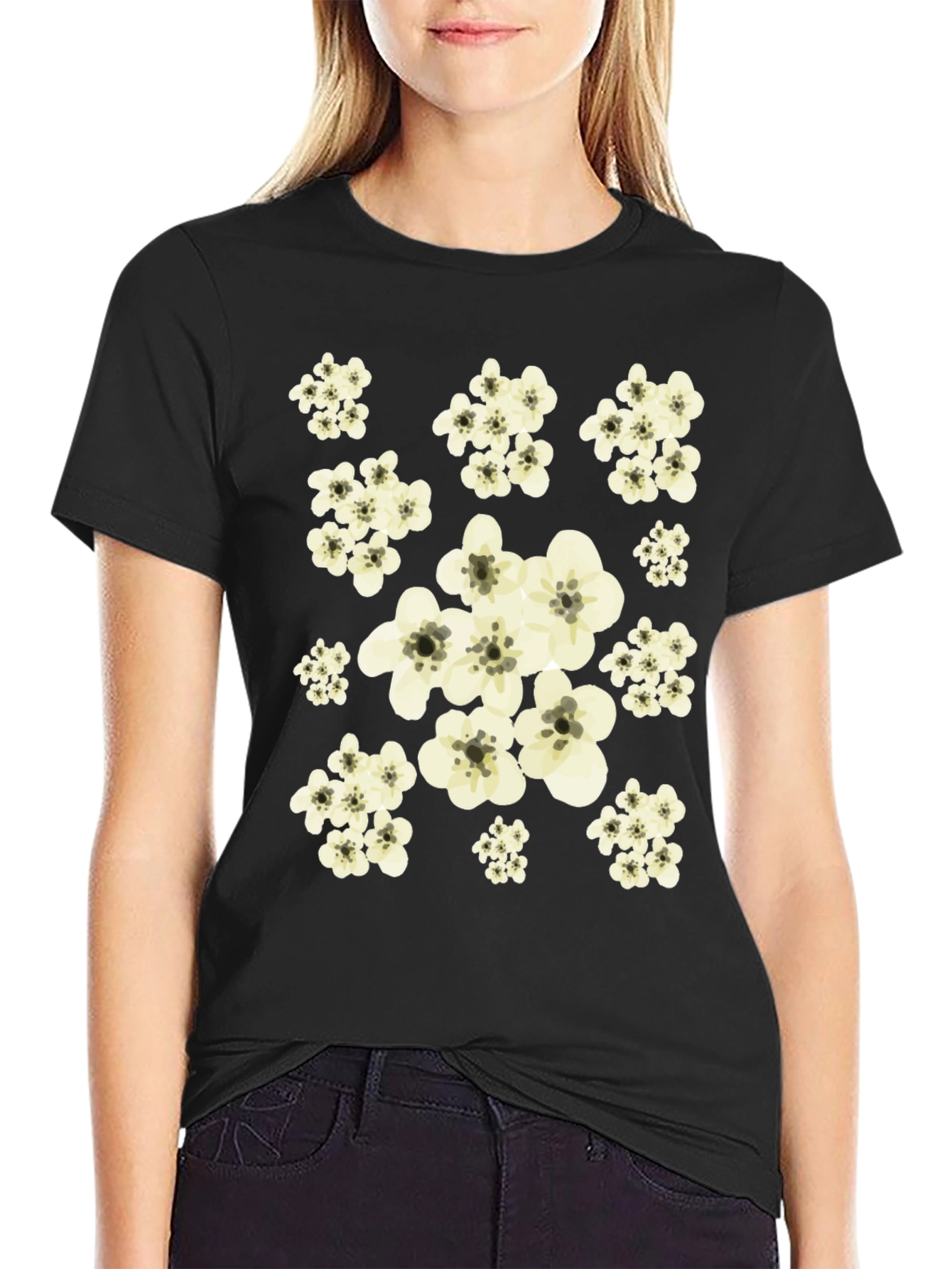 Black Floral Print Black Tee Shirt view 2