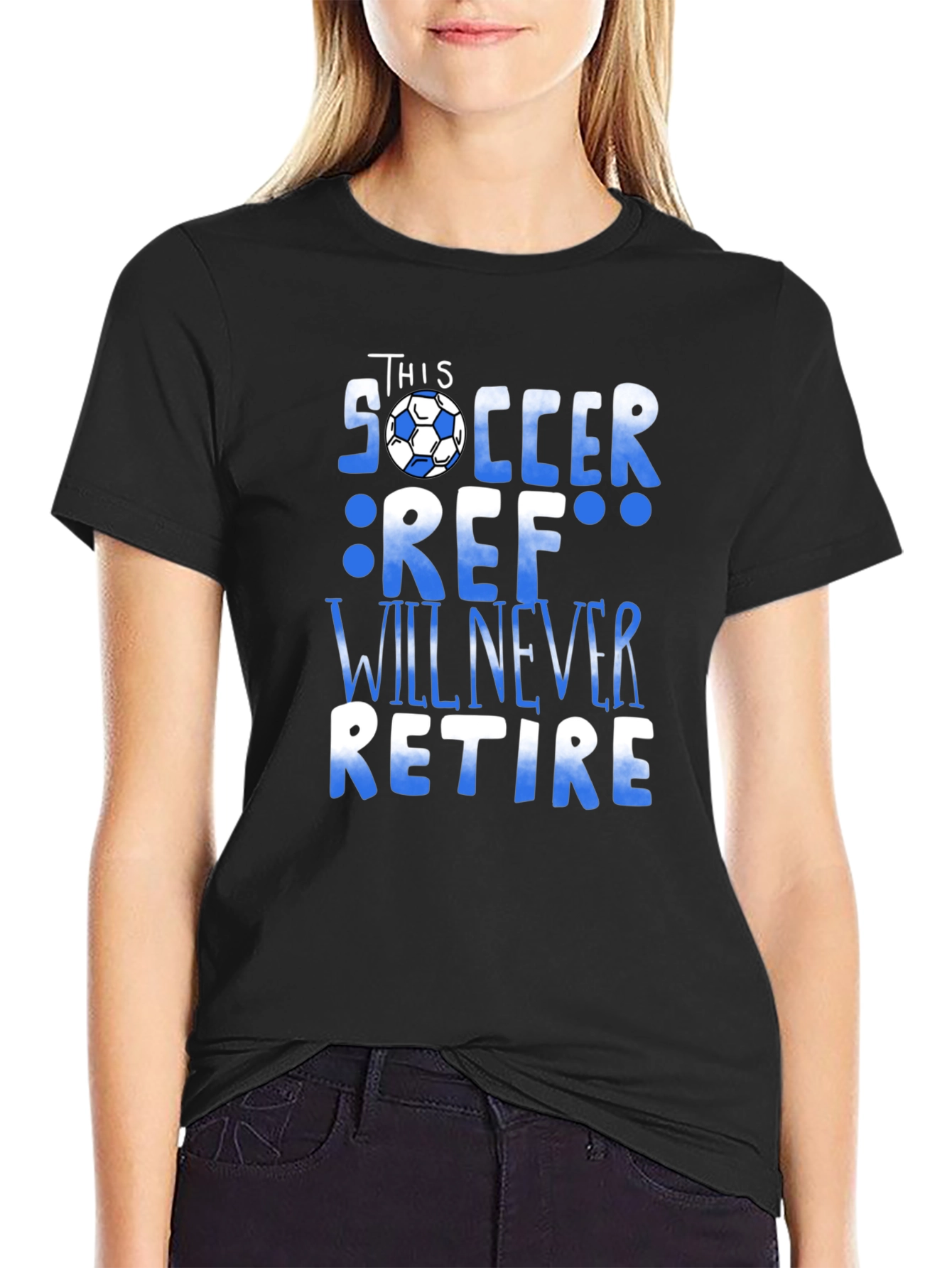 Black Soccer Ref T-Shirt - Never Retire Referee Tee view 2