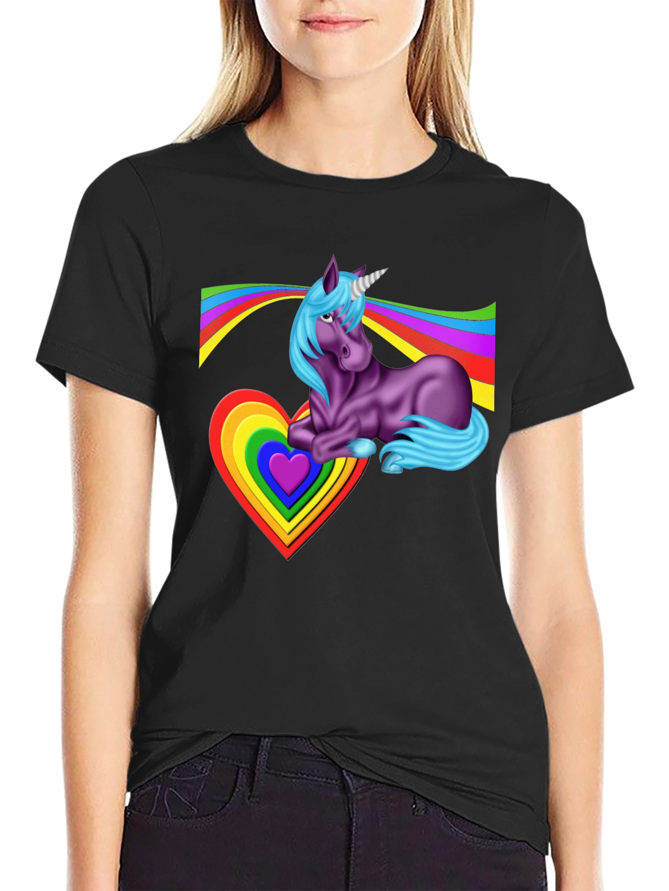Black Rainbow Unicorn Heart T-Shirt - Fun & Unique Graphic Tee view 2