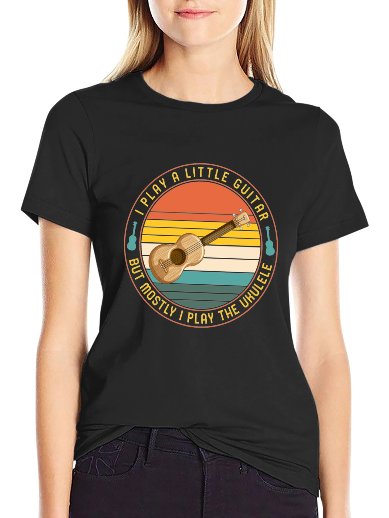 Black Ukulele Player T-Shirt: I Play A Little Guitar view 2