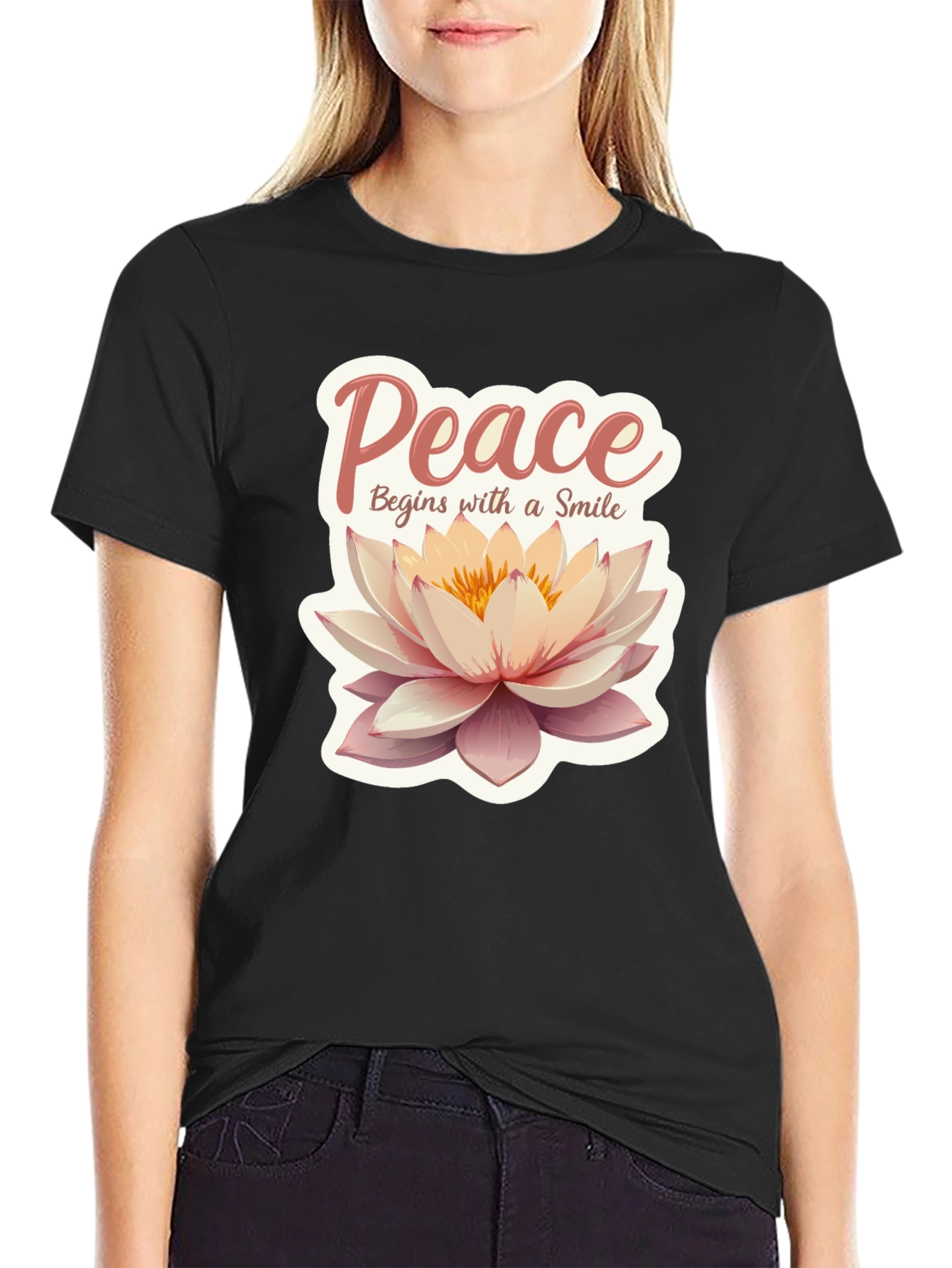 Black Peace Begins With a Smile Lotus Flower Graphic Tee view 2