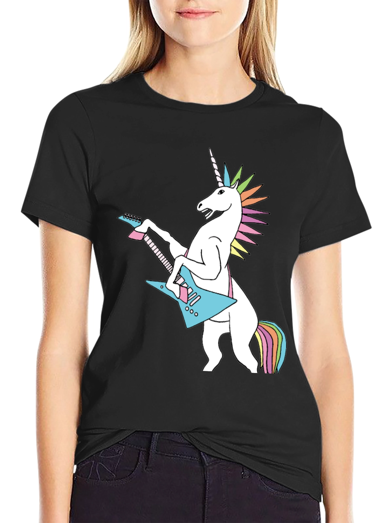 Black Unicorn Rock Guitar Black T-Shirt - Novelty Graphic Tee view 2
