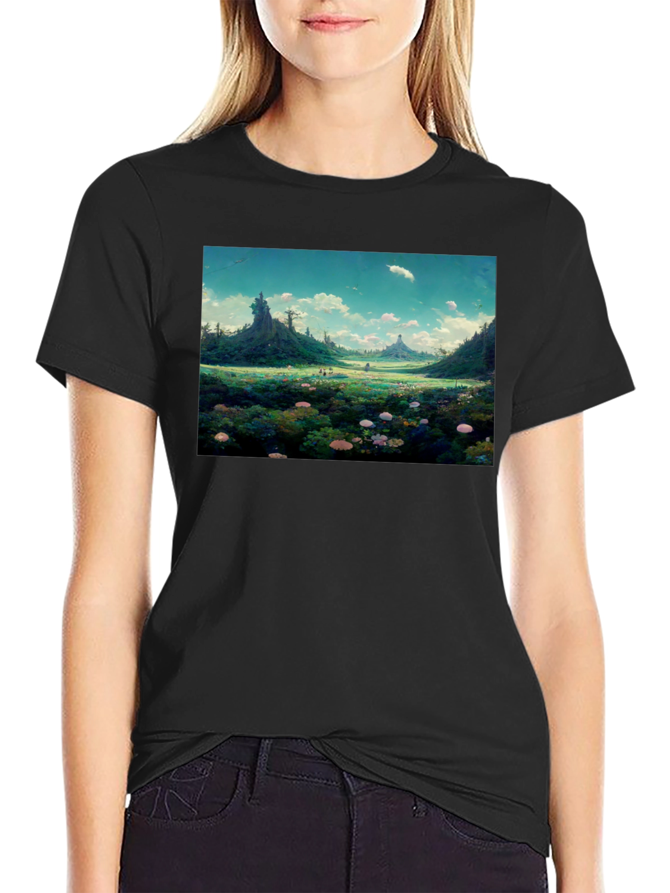 Black Whimsical Landscape Graphic Tee - Nature Lover's Shirt view 2