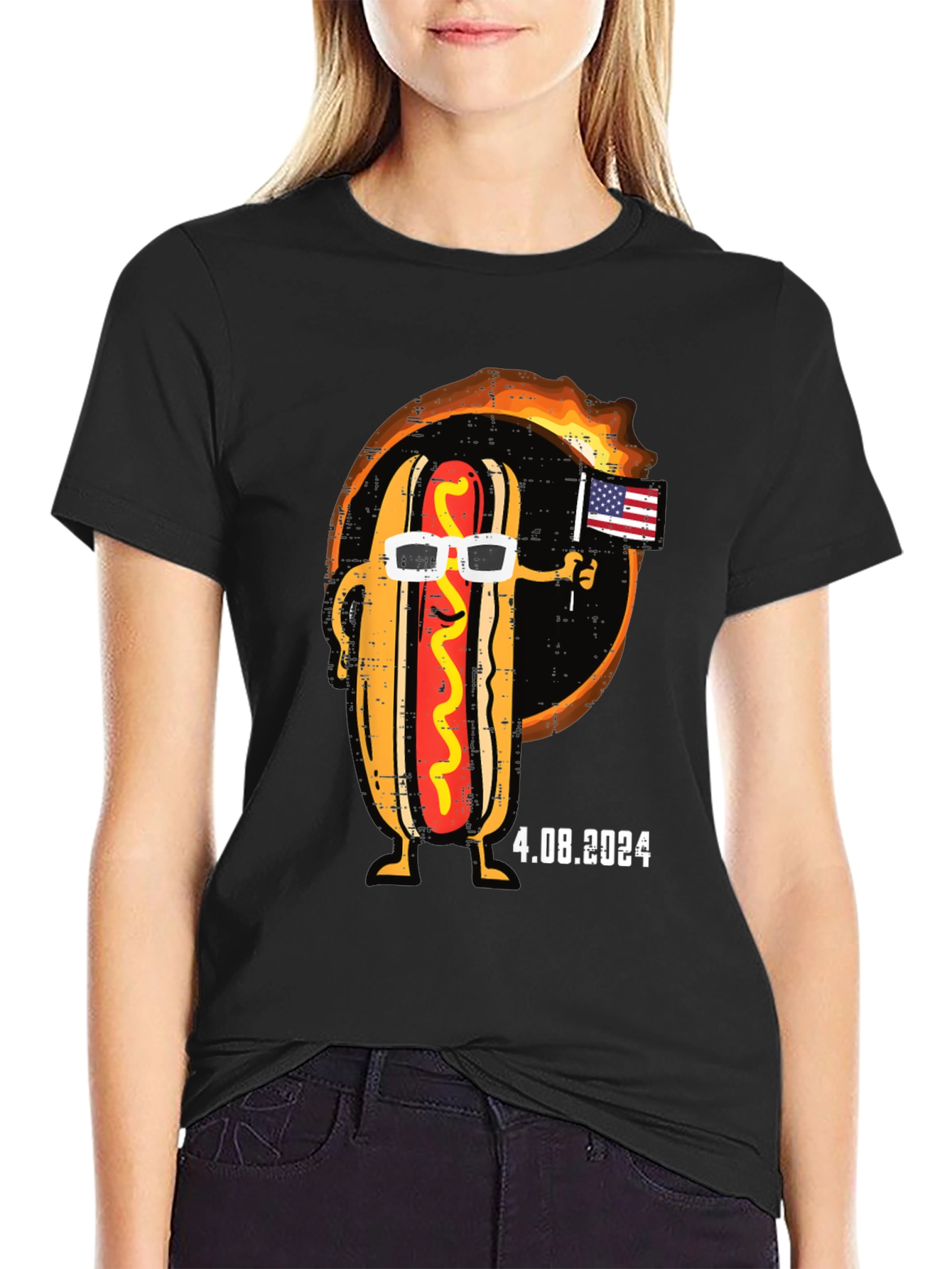 Black Cool Hot Dog T-Shirt - American Flag & Sunglasses view 2
