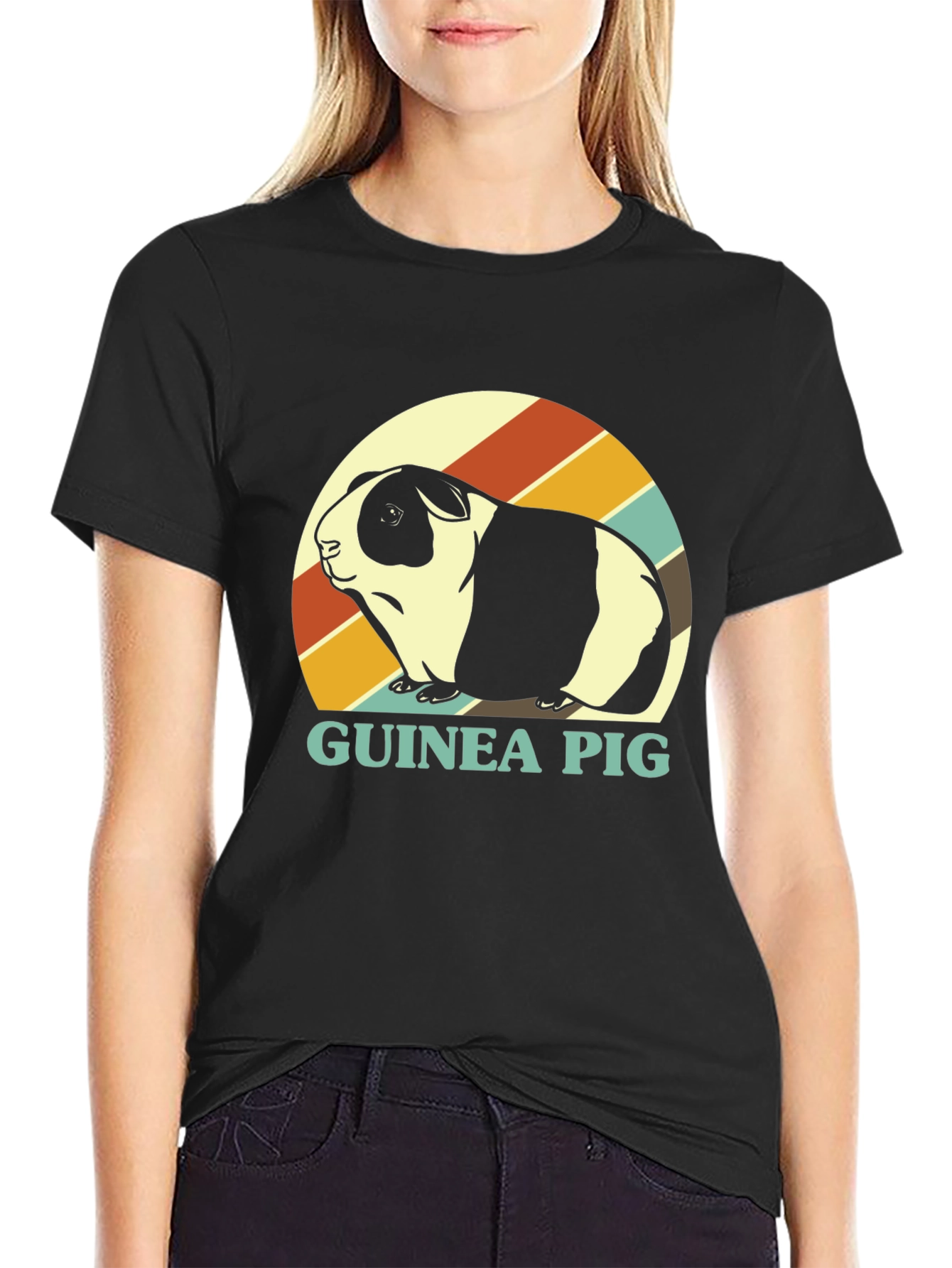 Black Guinea Pig Retro T-Shirt - Cute Pet Tee view 2