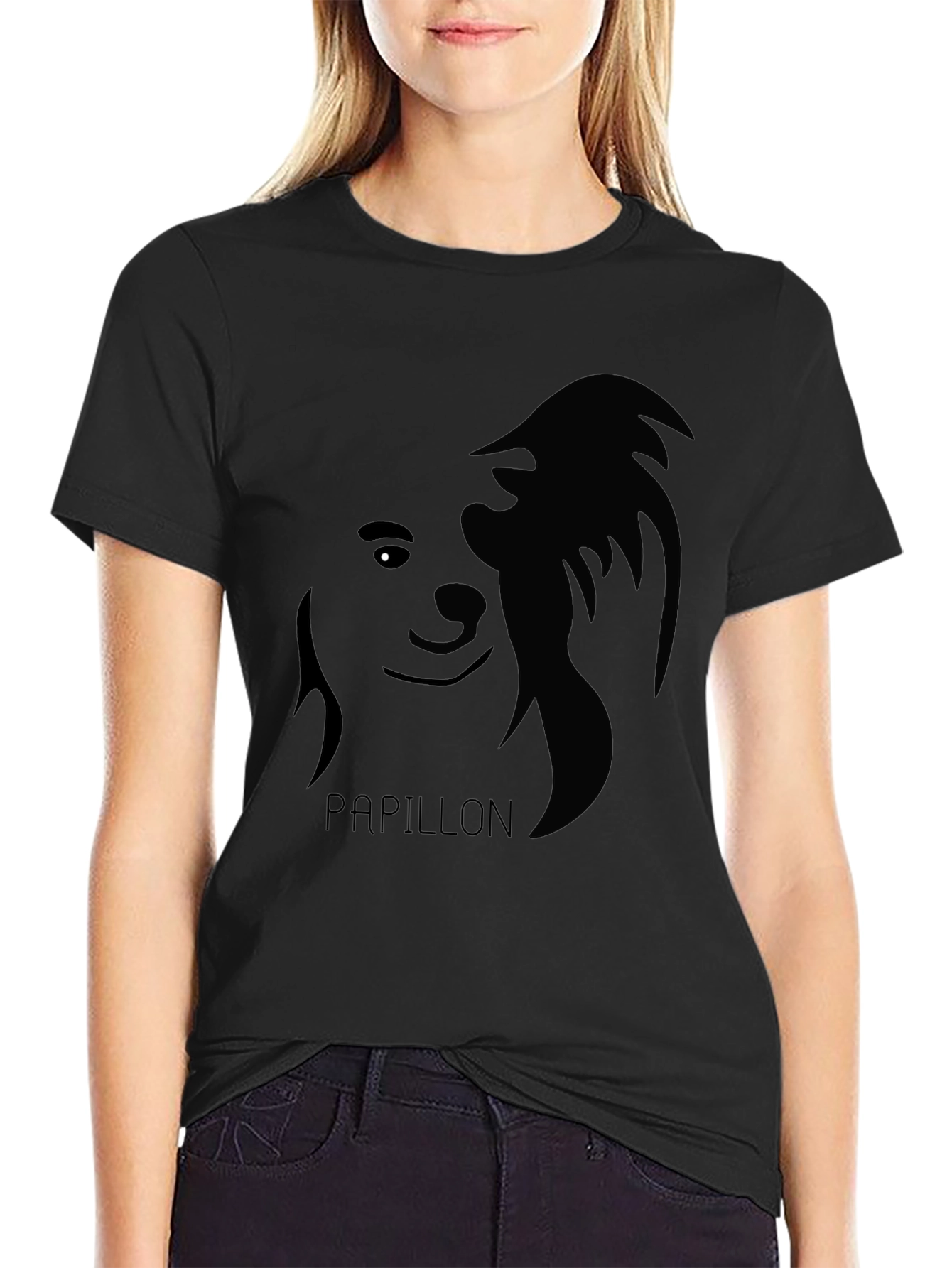 Black Papillon Dog Silhouette T-Shirt - Black Graphic Tee view 2