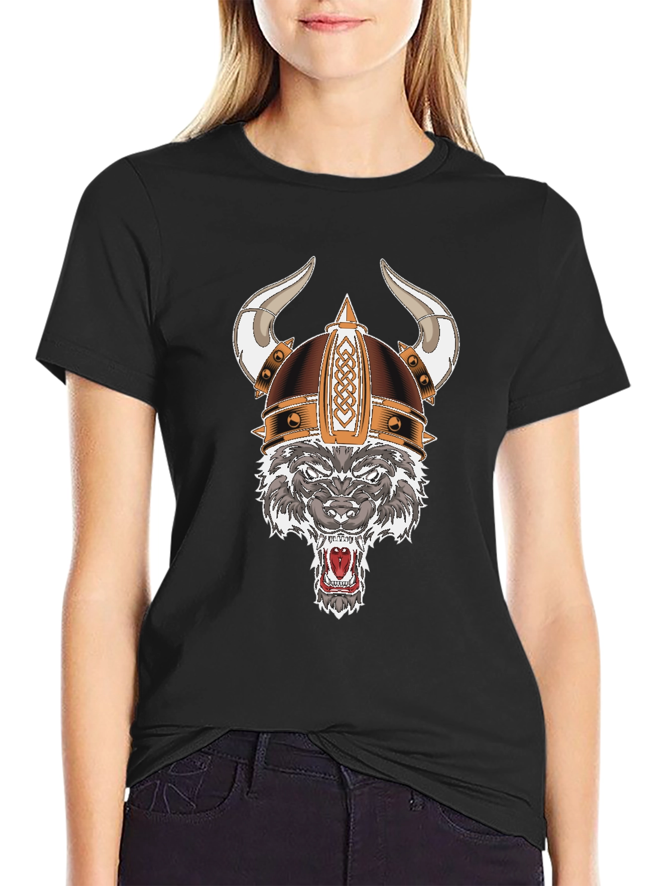 Black Wolf Viking Helmet T-Shirt view 2