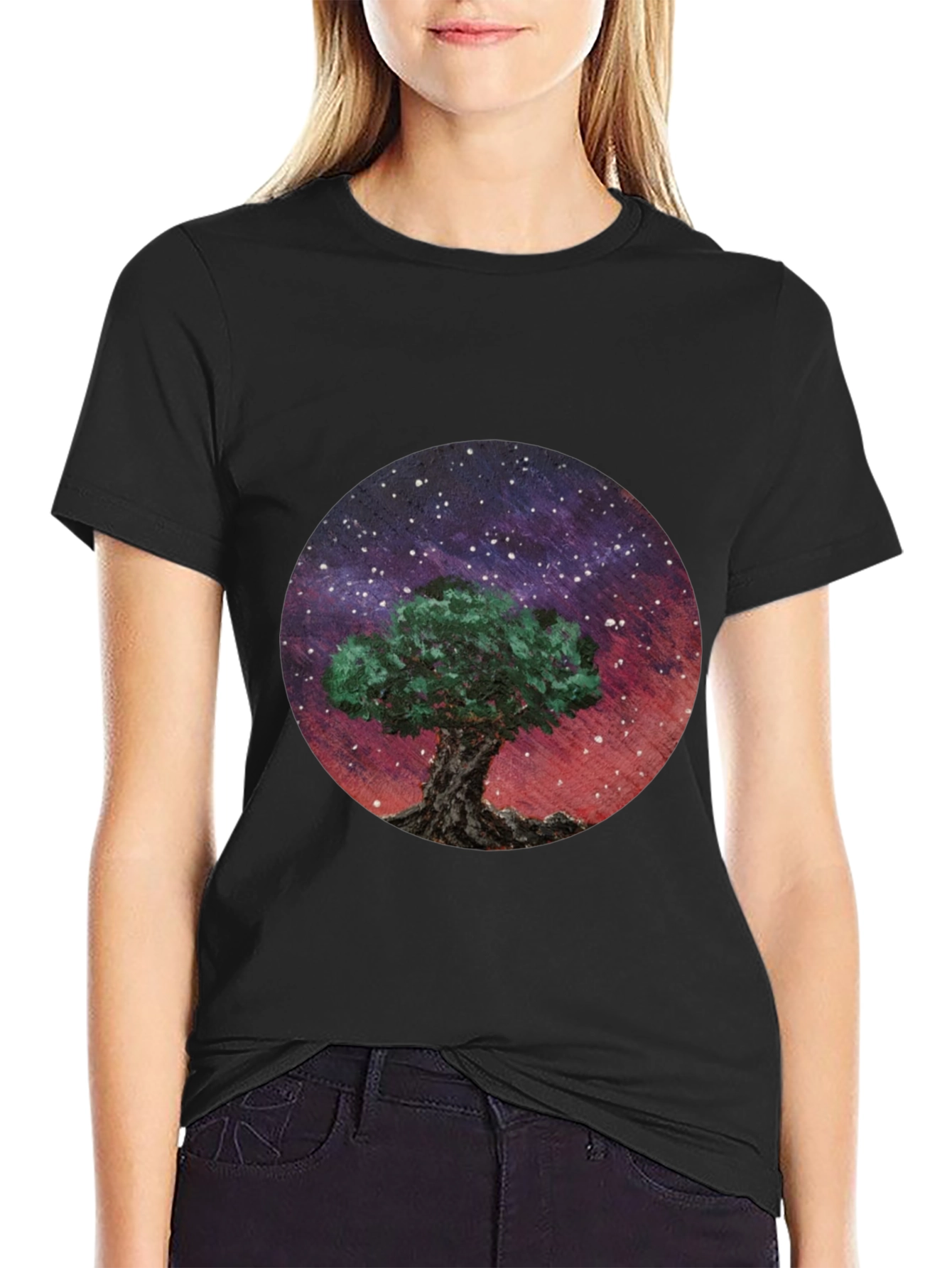 Black Celestial Tree Graphic Tee - Black Cotton Blend view 2