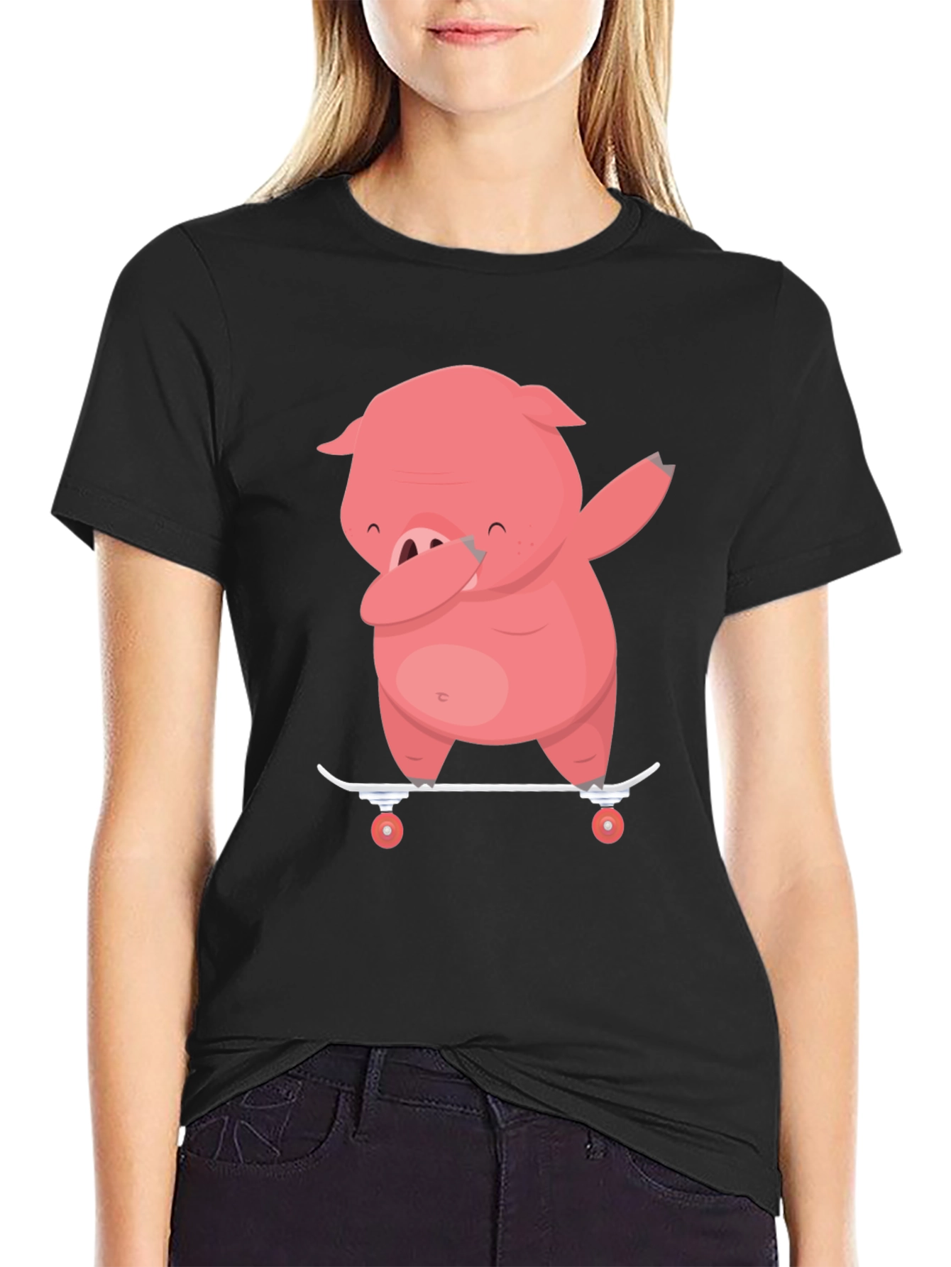 Black Dabbing Pig Skateboard T-Shirt - Funny Cartoon Tee view 2