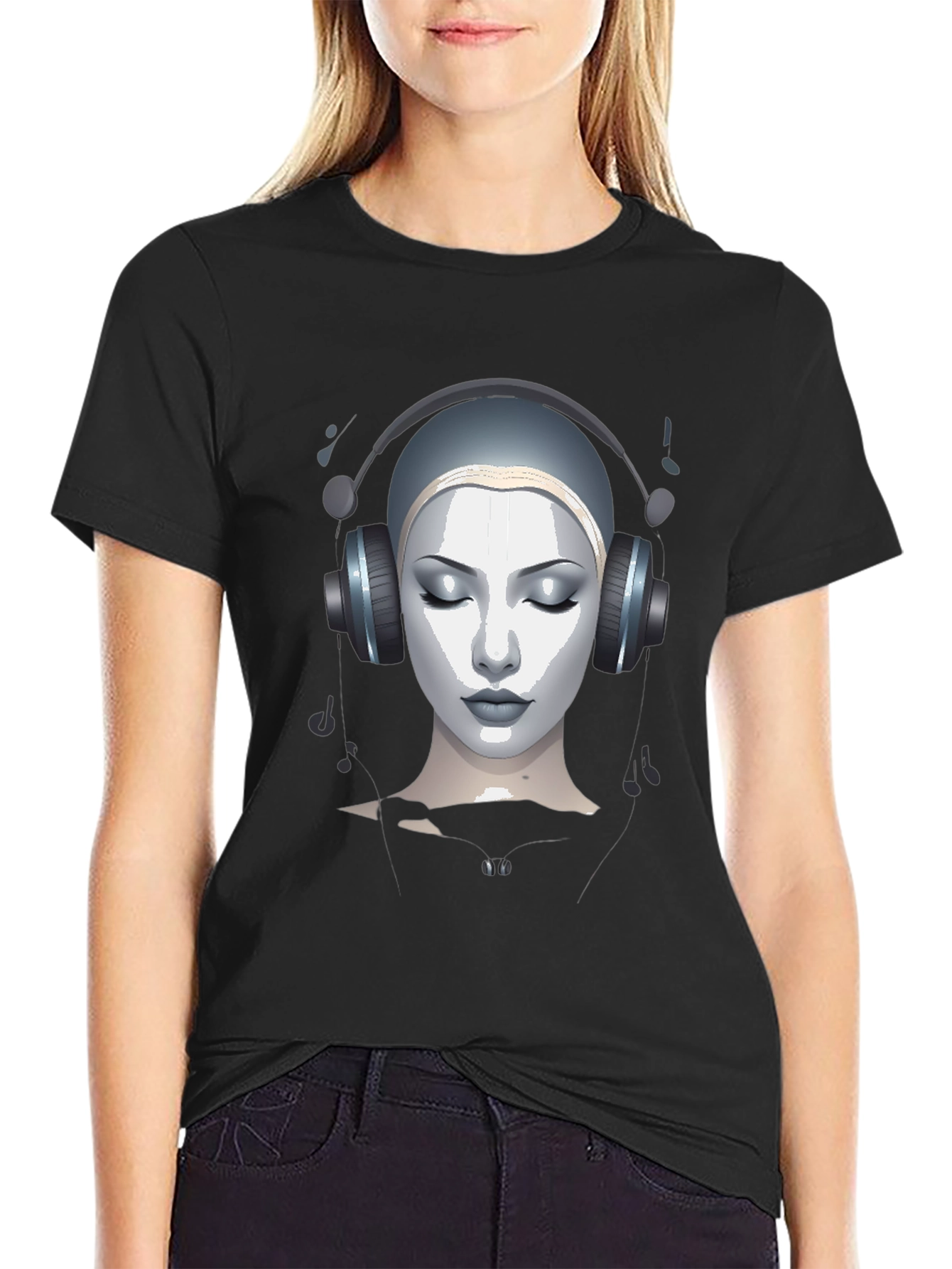 Black Abstract Woman with Headphones Graphic Tee view 2