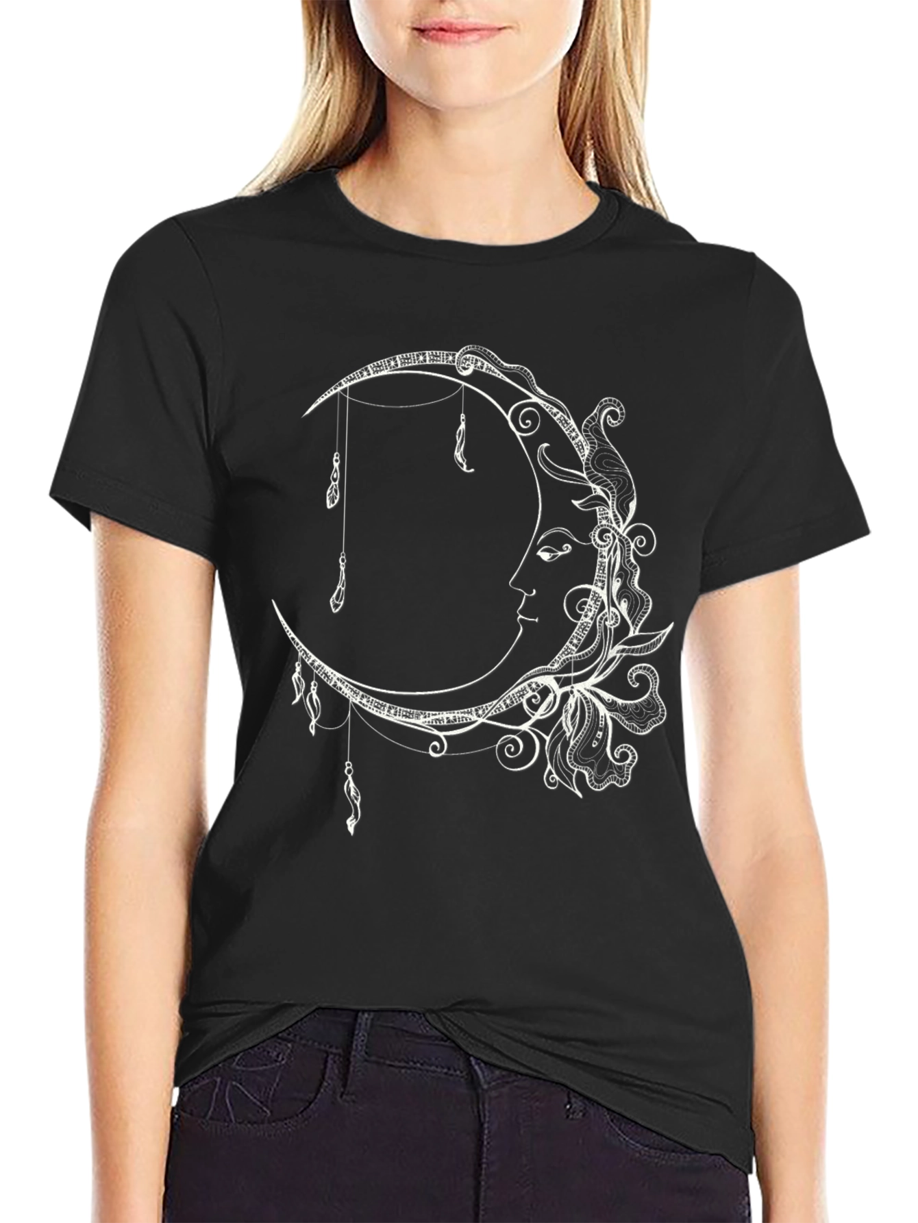 Black Celestial Moon T-Shirt - Artistic Crescent Moon Design view 2