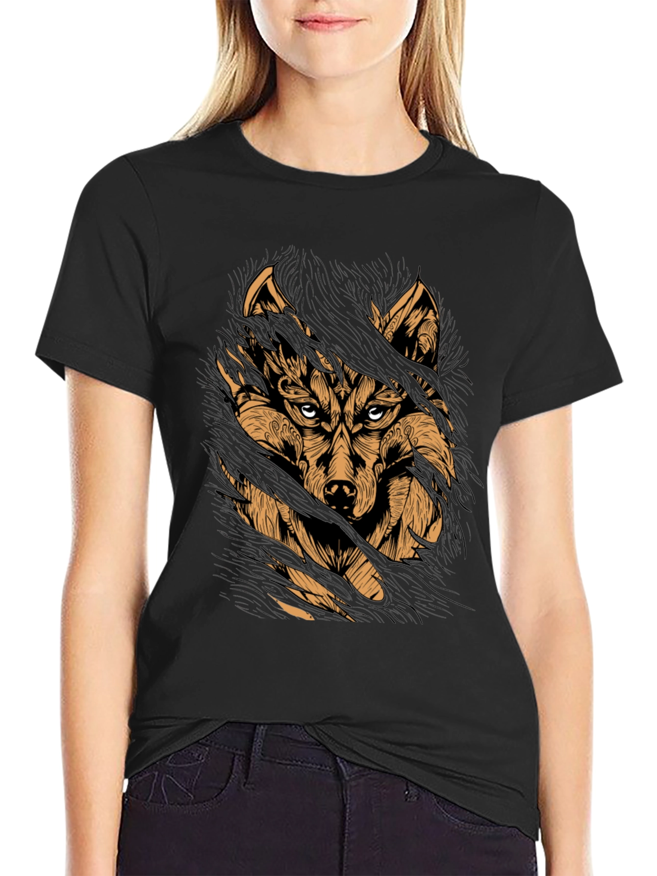 Black Wolf Graphic Print Black T-Shirt view 2