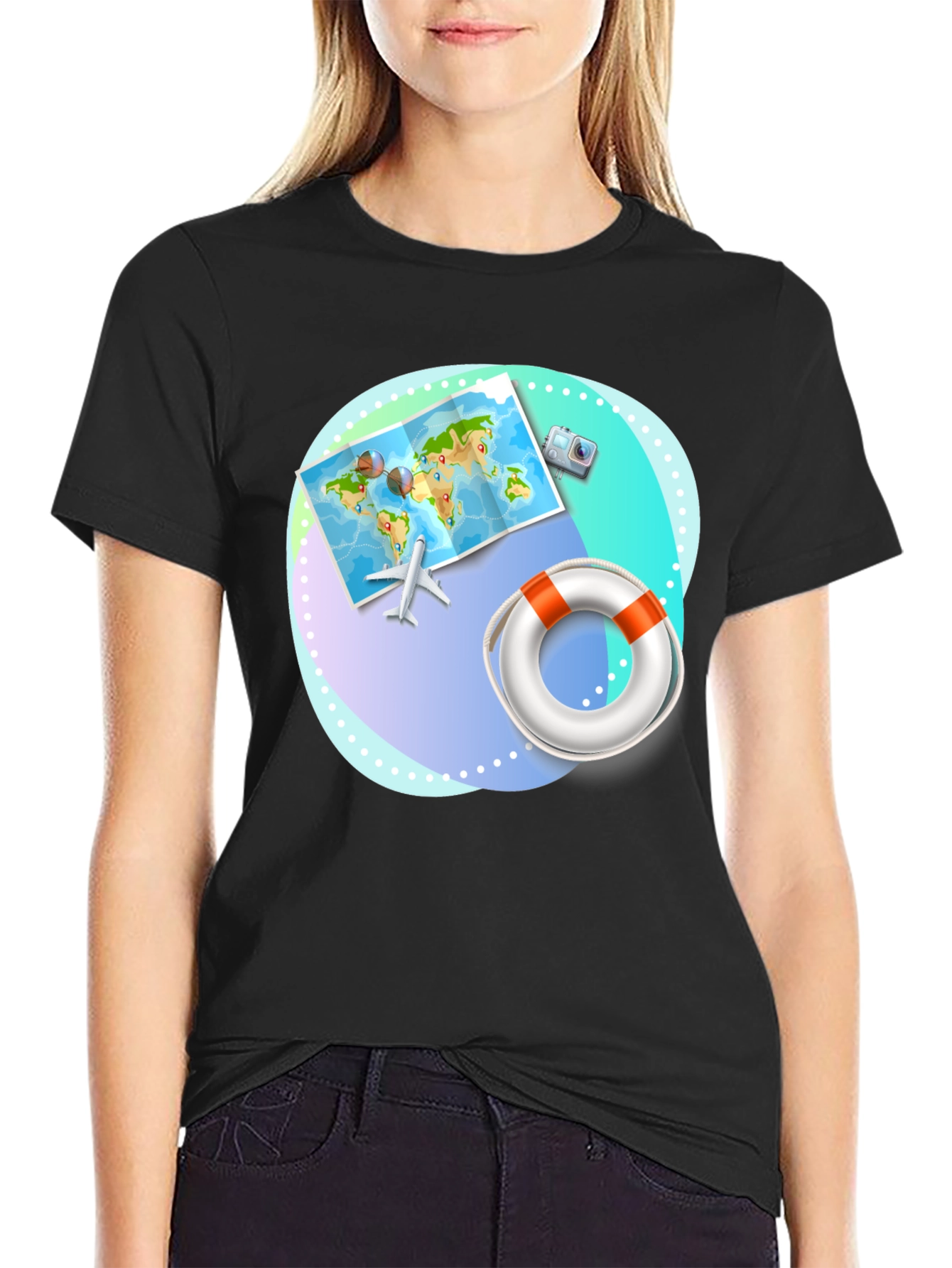 Black Travel Adventure T-Shirt - Black Crew Neck Tee view 2