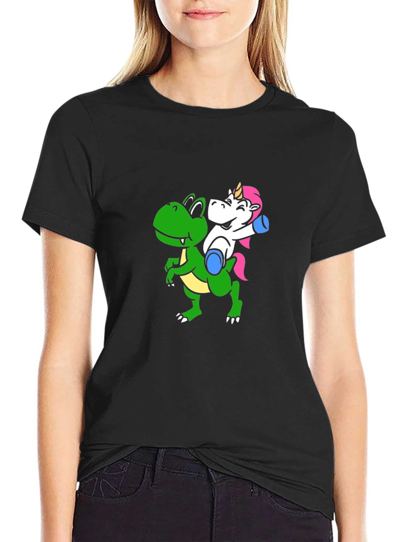 Black Unicorn Riding Dinosaur Graphic T-Shirt view 2