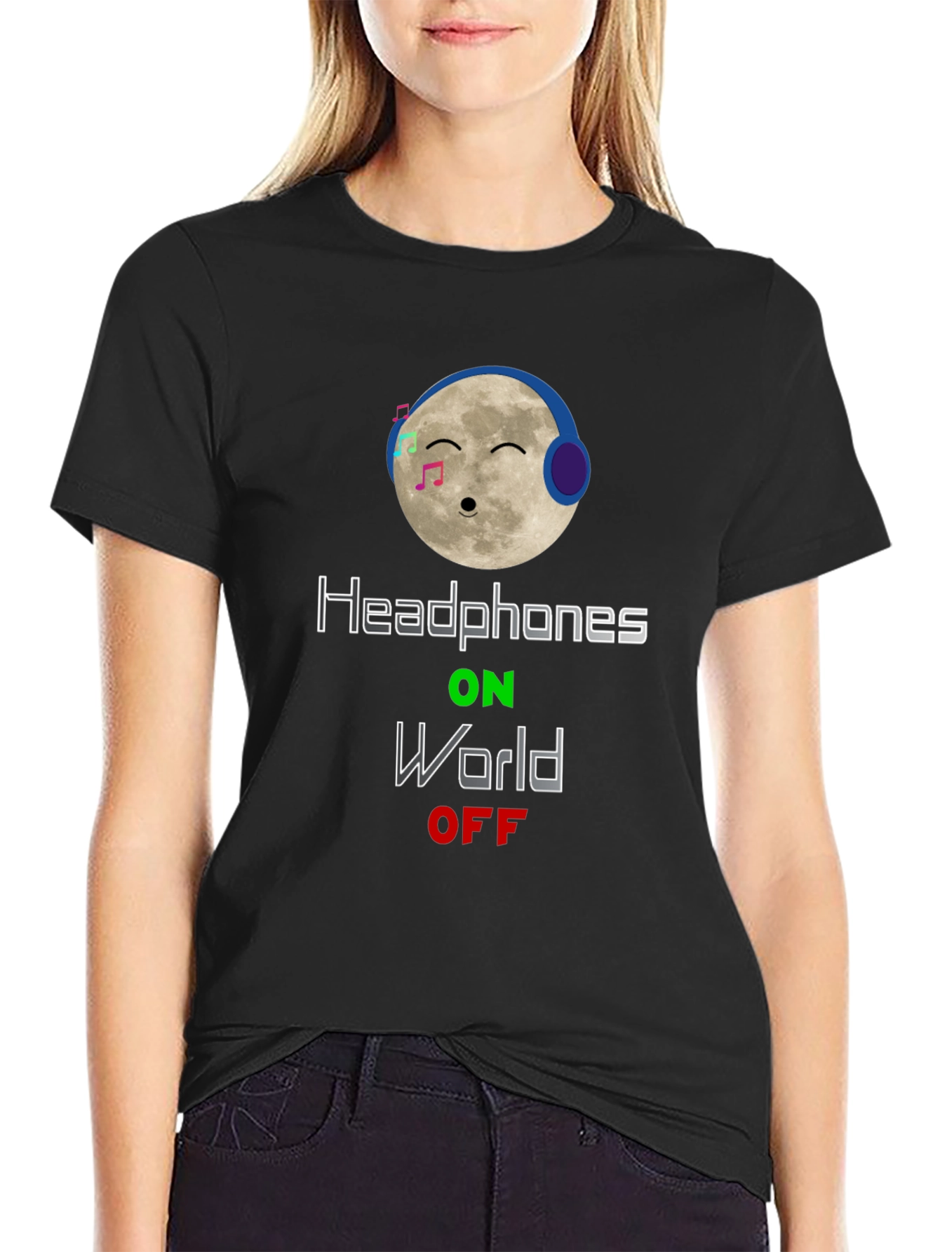 Black Headphones On World Off T-Shirt - Moon Music Design view 2