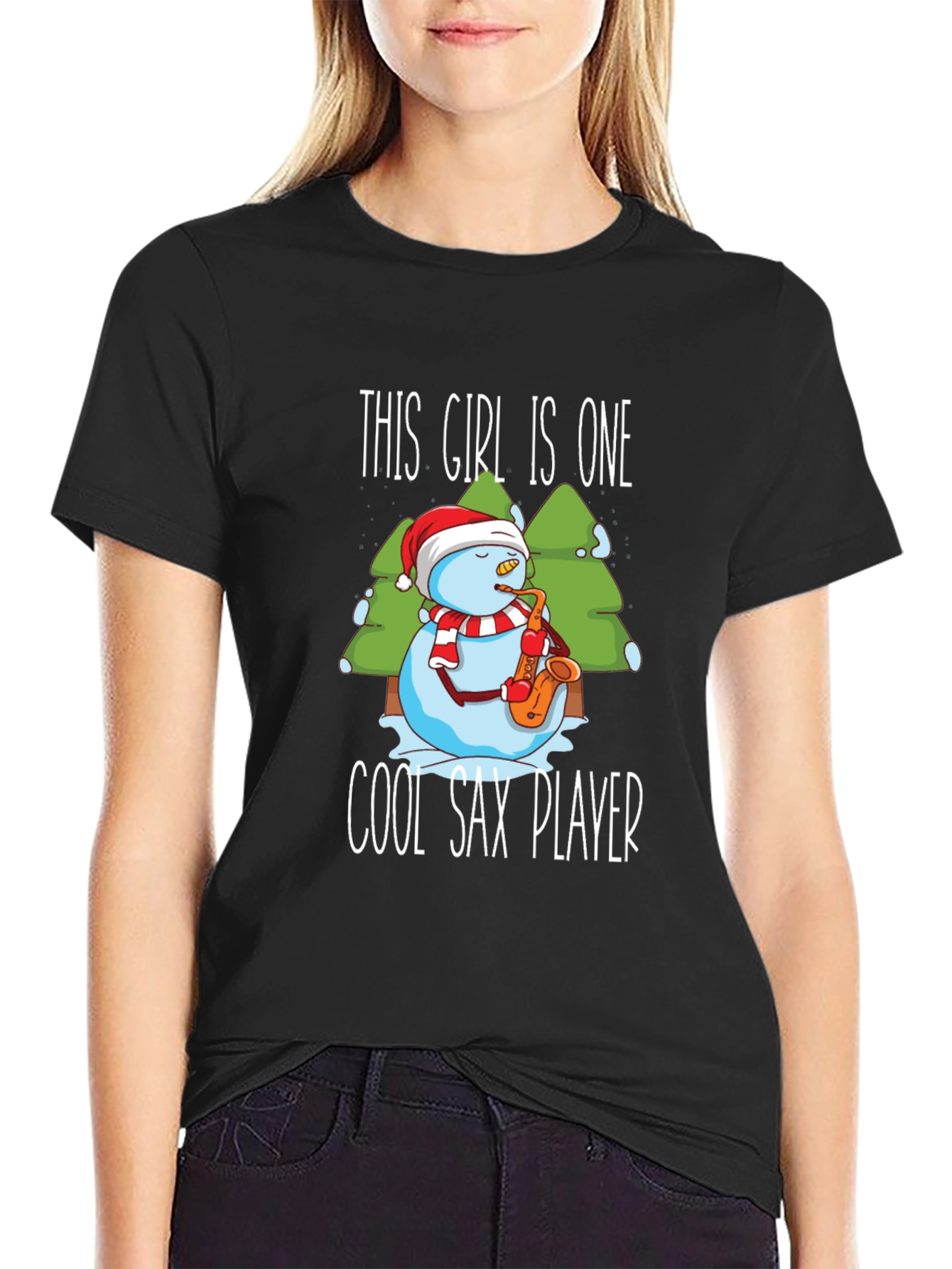 Black Cool Sax Player Snowman Graphic T-Shirt view 2