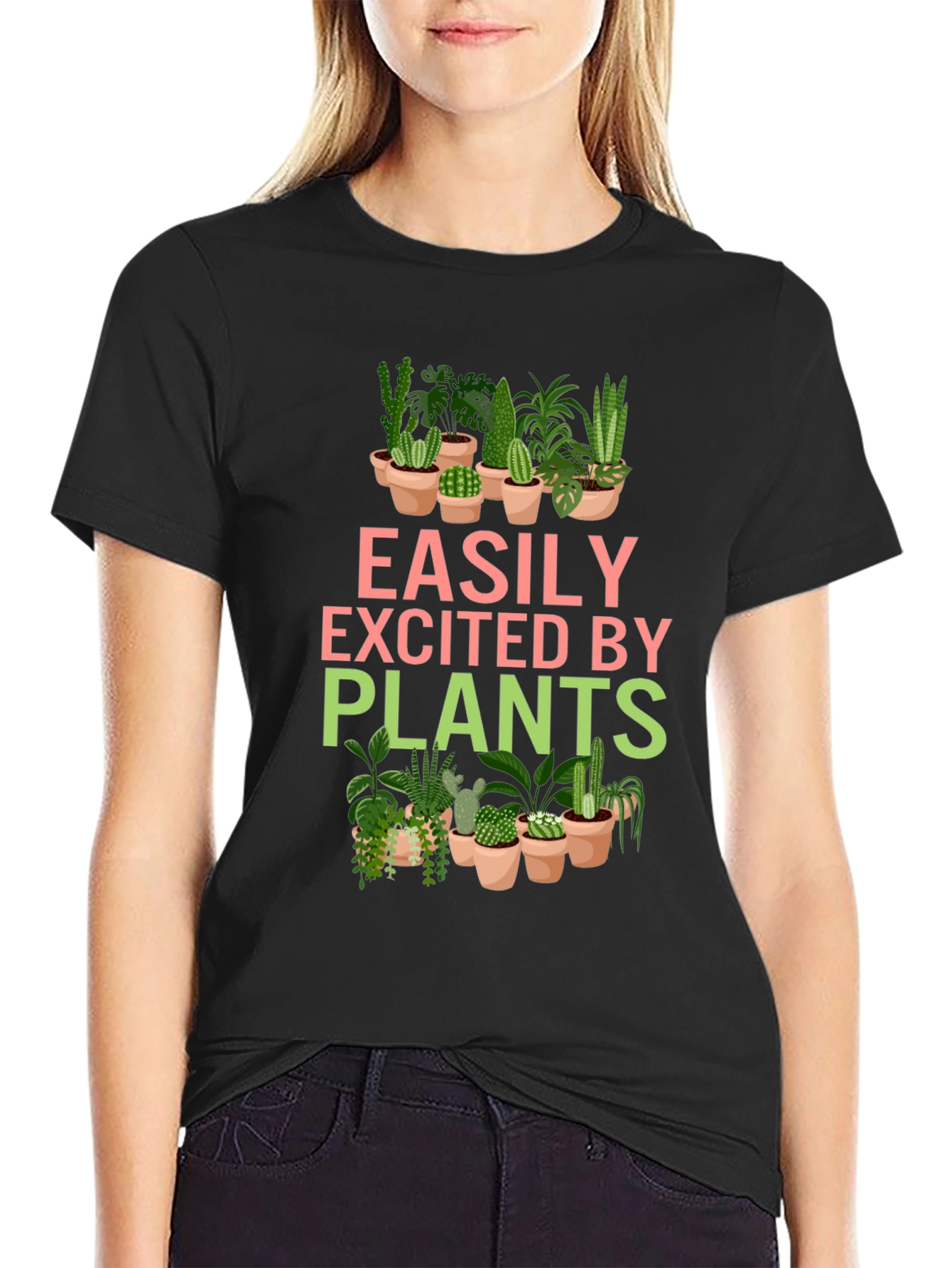 Black Easily Excited By Plants Graphic T-Shirt view 2