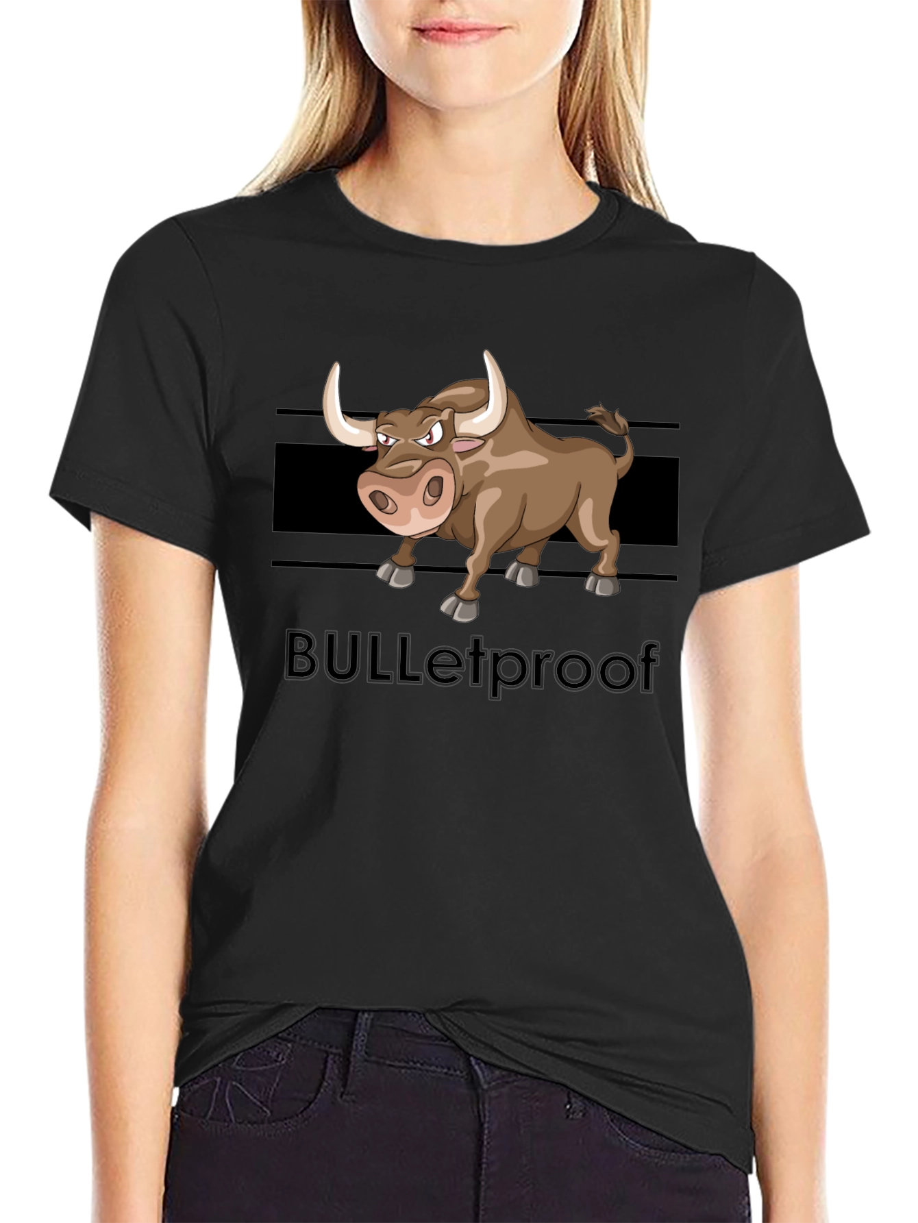 Black Cartoon Bull Graphic Tee - "BULLETproof" Black T-Shirt view 2