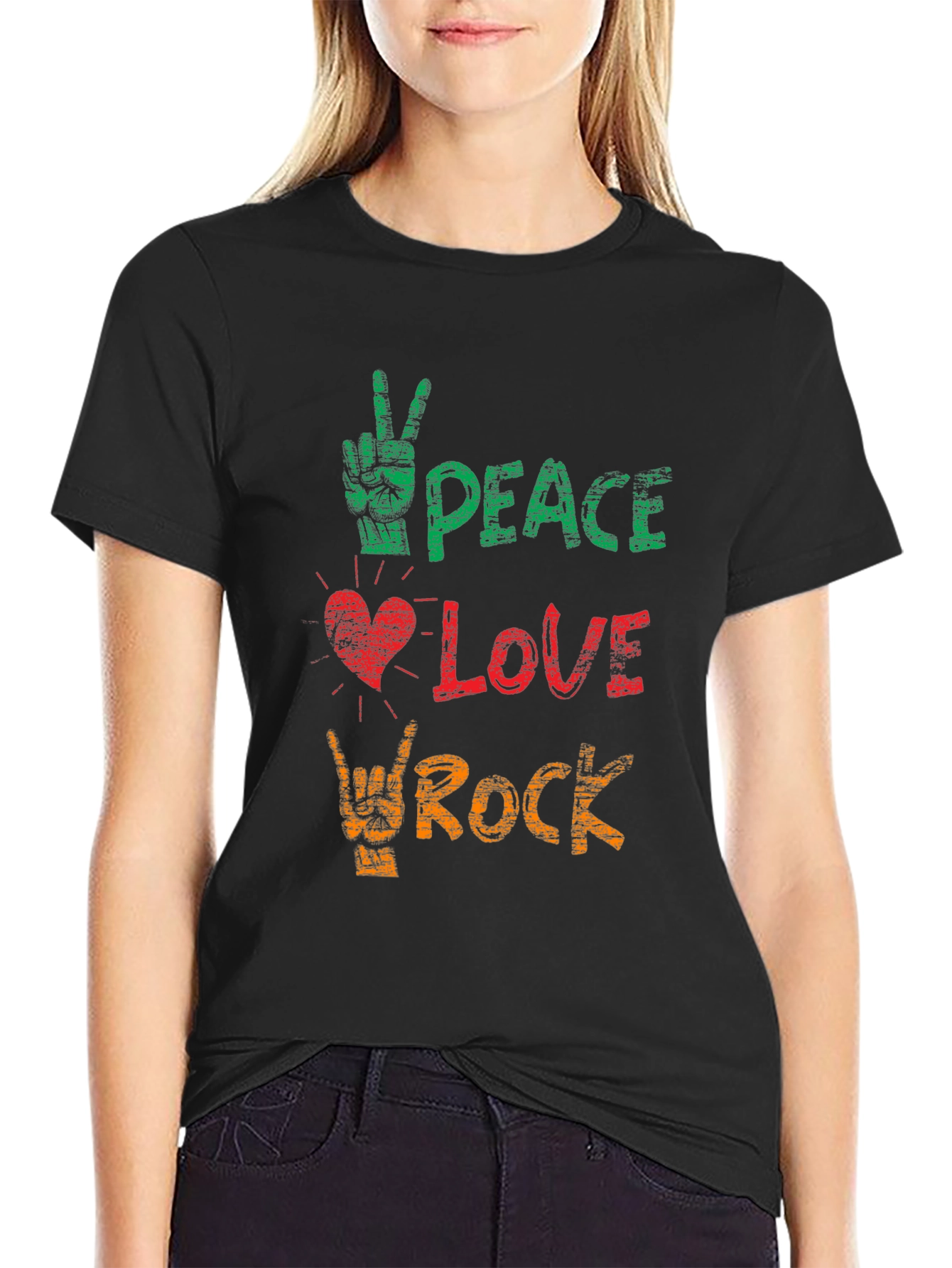 Black Peace Love Rock Graphic Tee - Black Cotton T-Shirt view 2