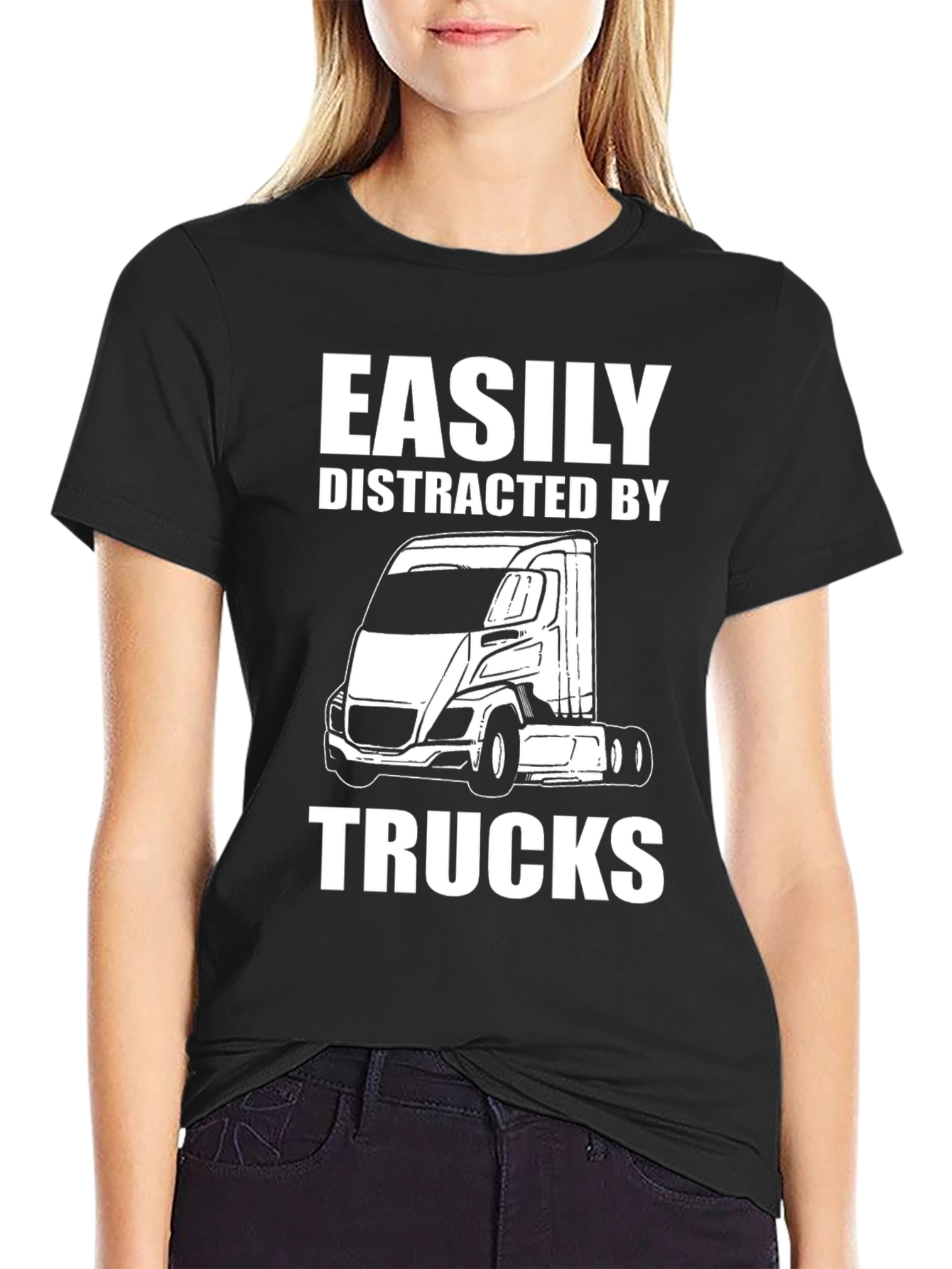 Black Easily Distracted By Trucks Funny T-Shirt view 2
